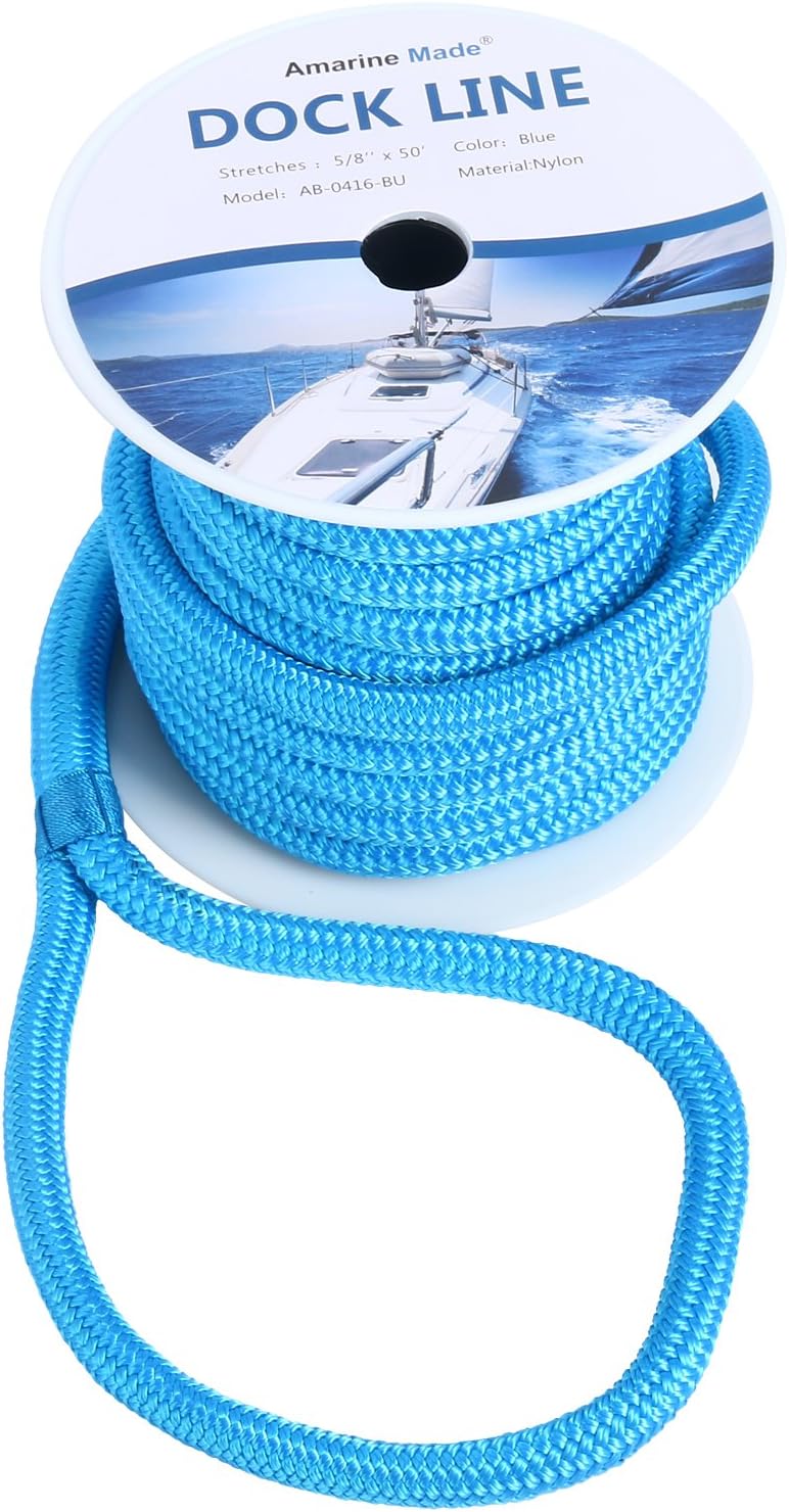 Amarine-made 5/8 Inch 50 FT Double Braid Nylon Dockline Dock Line Mooring Rope Double Braided Dock Line (Blue)
