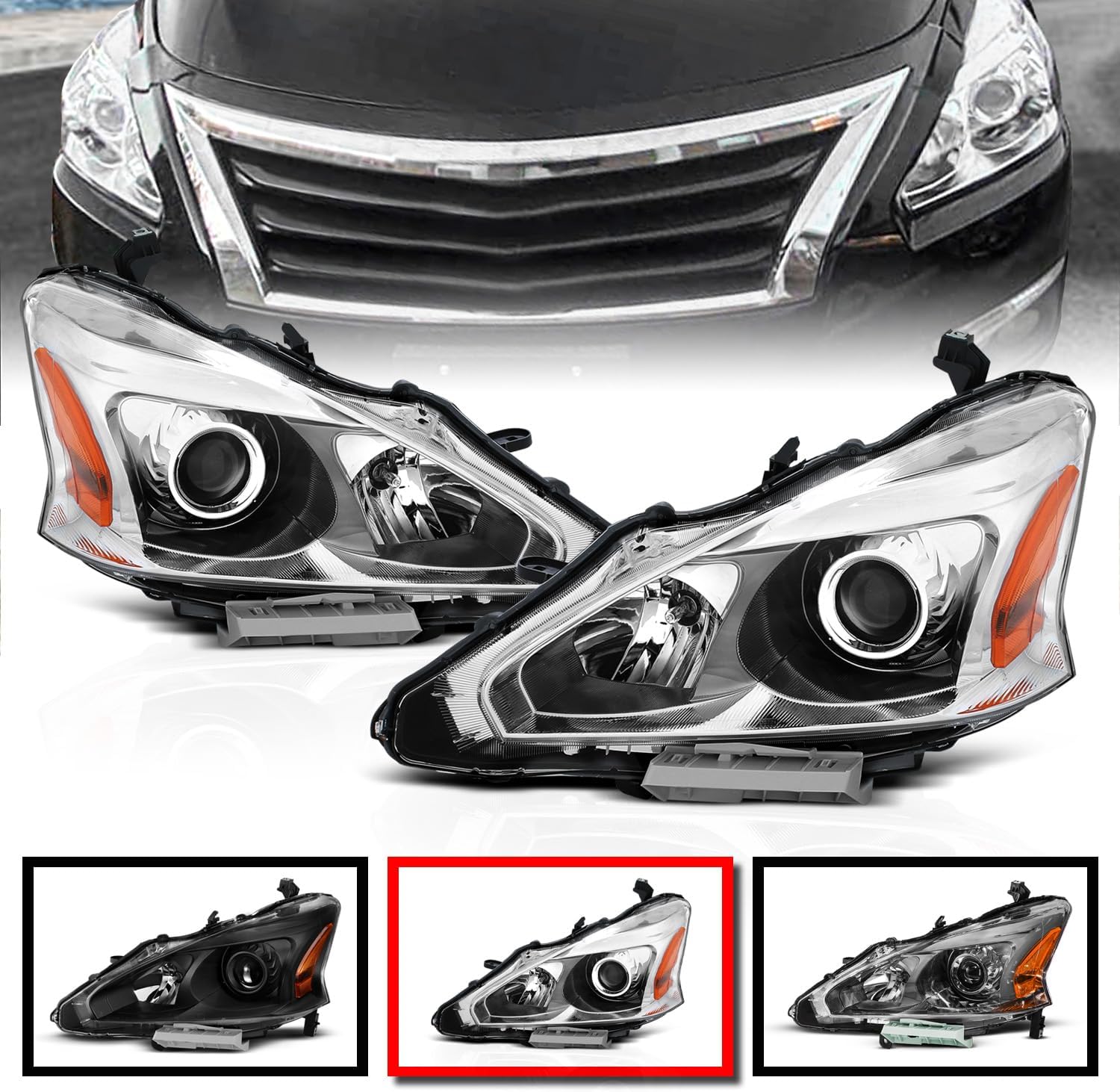 AmeriLite for 2013-2015 Altima 4Dr Sedan Projector Chrome Housing Halogen Replacement Headlights Assembly Pair - Driver and Passenger Side