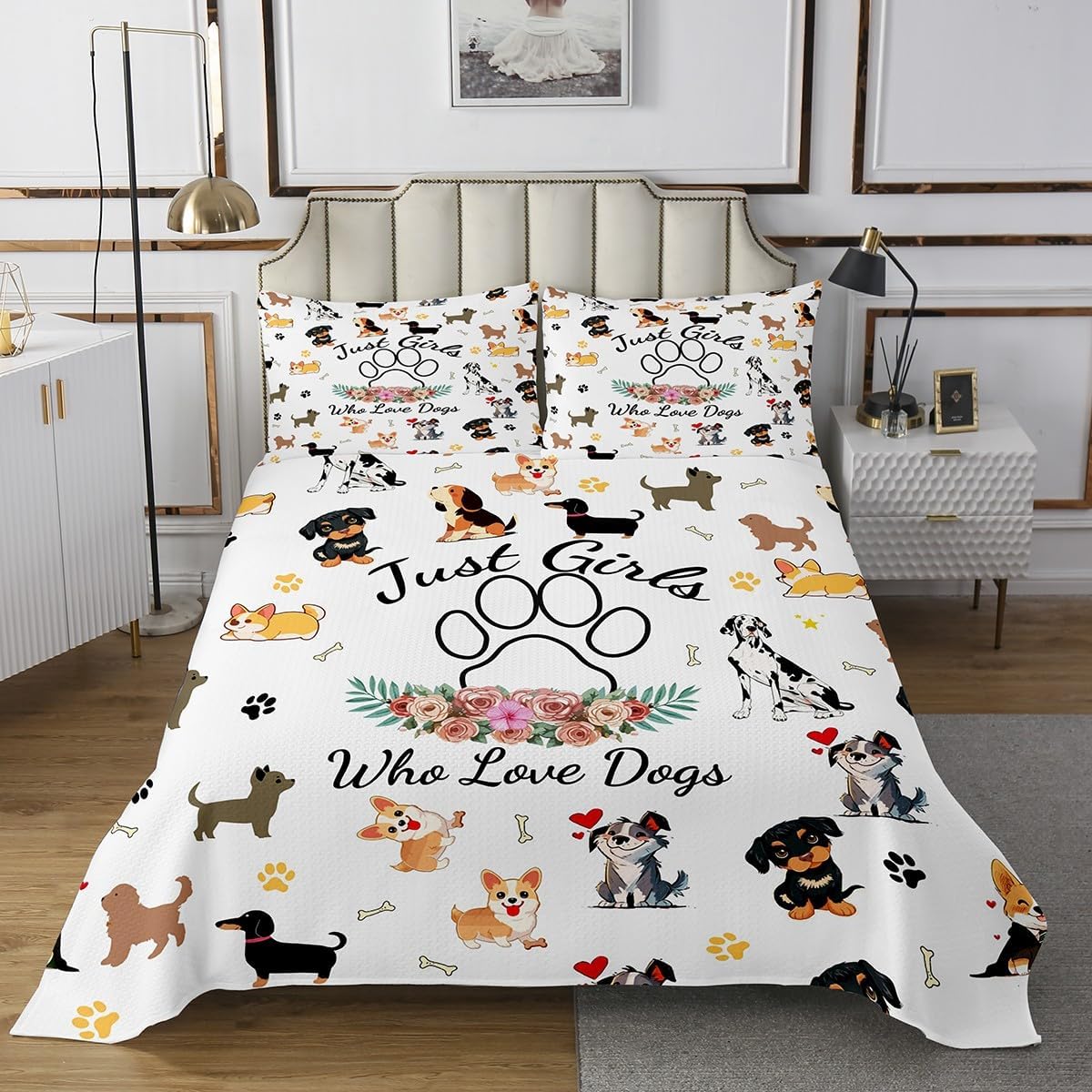 Manfei Cartoon Dogs Quilt Bedding Set Queen,Lovely Puppy Animals Flowers Coverlet Bedspread,Cute Pet Farmhouse Lightweight Bedding Bed Cover,Rustic Botanical Bedspread Set (1 Quilt+ 2 Pillowcases)