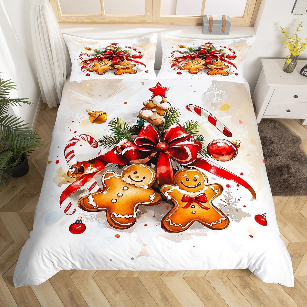 Feelyou Merry Christmas Duvet Cover Gingerbread Man Bedding Set for Kids Teens Merry Christmas Tree and Snowman Comforter Cover Set Queen Size Xmas Deer Elk Decor Bedspread Cover 3Pcs Zipper