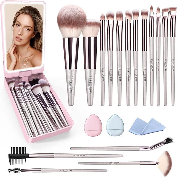 Makeup Brushes with Case, 20PCs Travel Makeup Brush Set, Foundation Concealer Blush Eyeshadow Brush Set Contour Powder Eyebrow Eyelash Brush Kit with Led Light Mirror Holder & 2 Powder Puff-Champagne