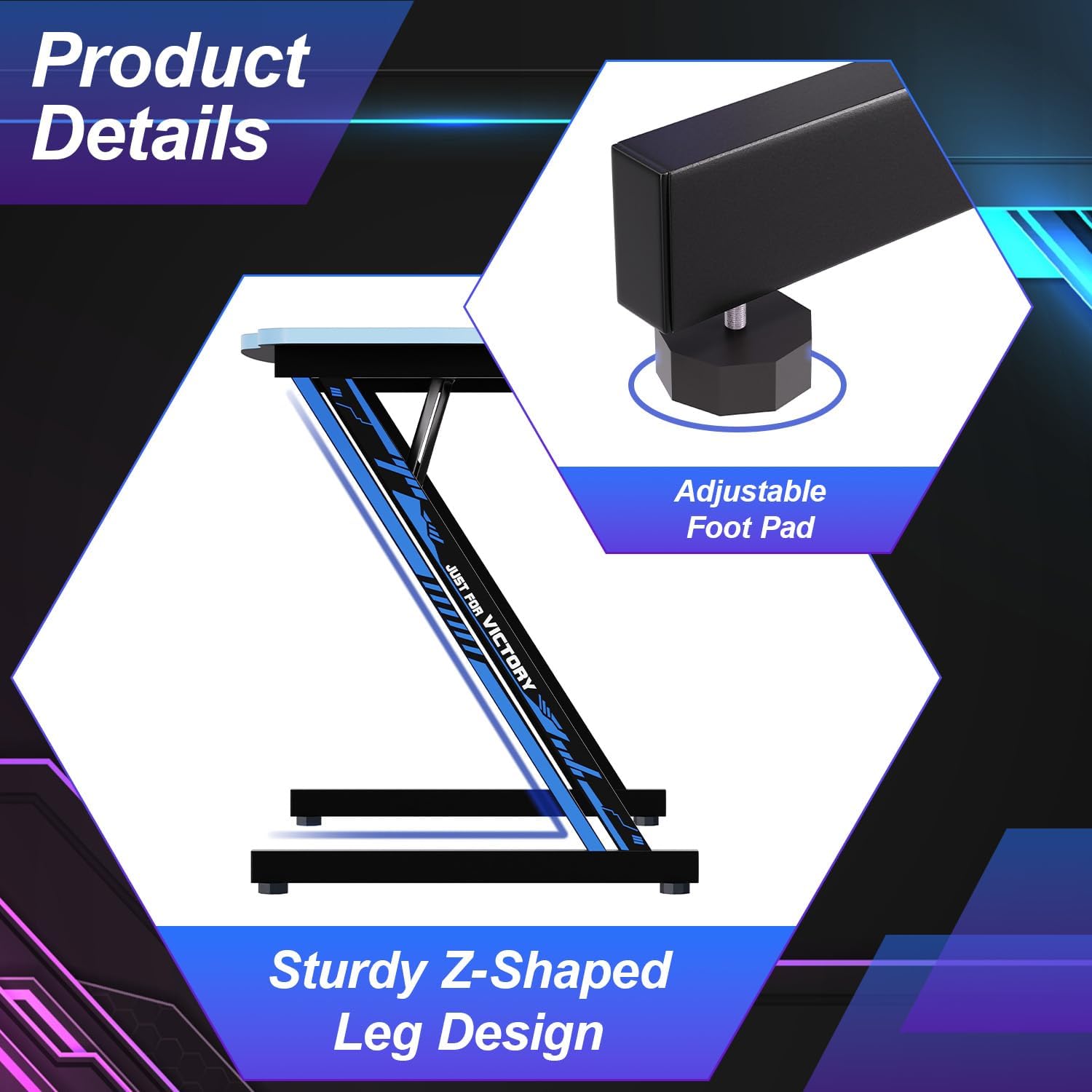 47 Inch Gaming Desk Z-Shaped Computer Desk Ergonomic Home Office Desk PC Workstation Modern Simple Study Table w/Headphone Hook Adjustable Leveling Foot Spacious Desktop,47’’x24’’(Blue)