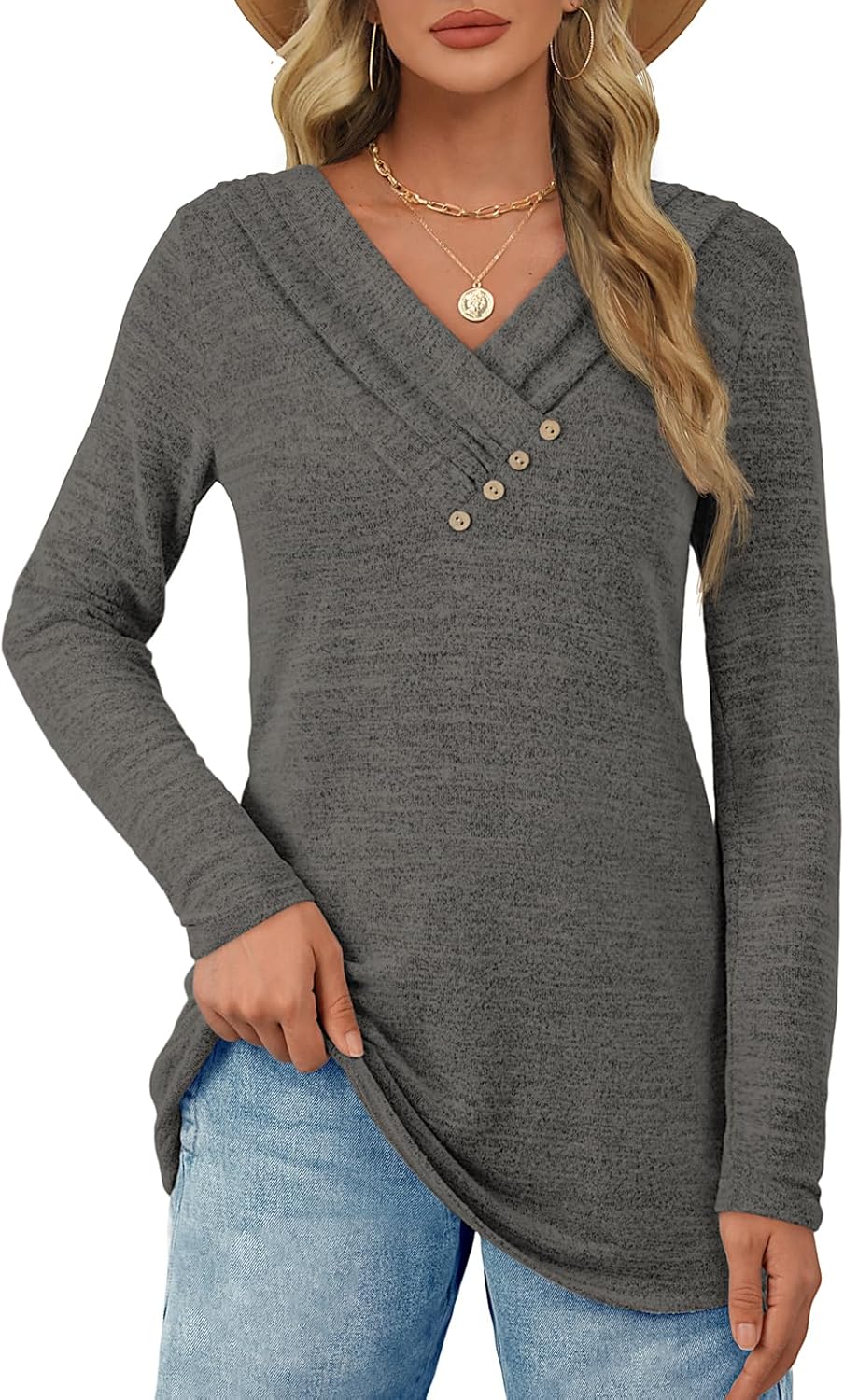 ATHMILE Long Sleeve Shirts for Women Early Fall Fashion Tops 2026 Casual V Neck Button Blouses Tunic Tops for Leggings