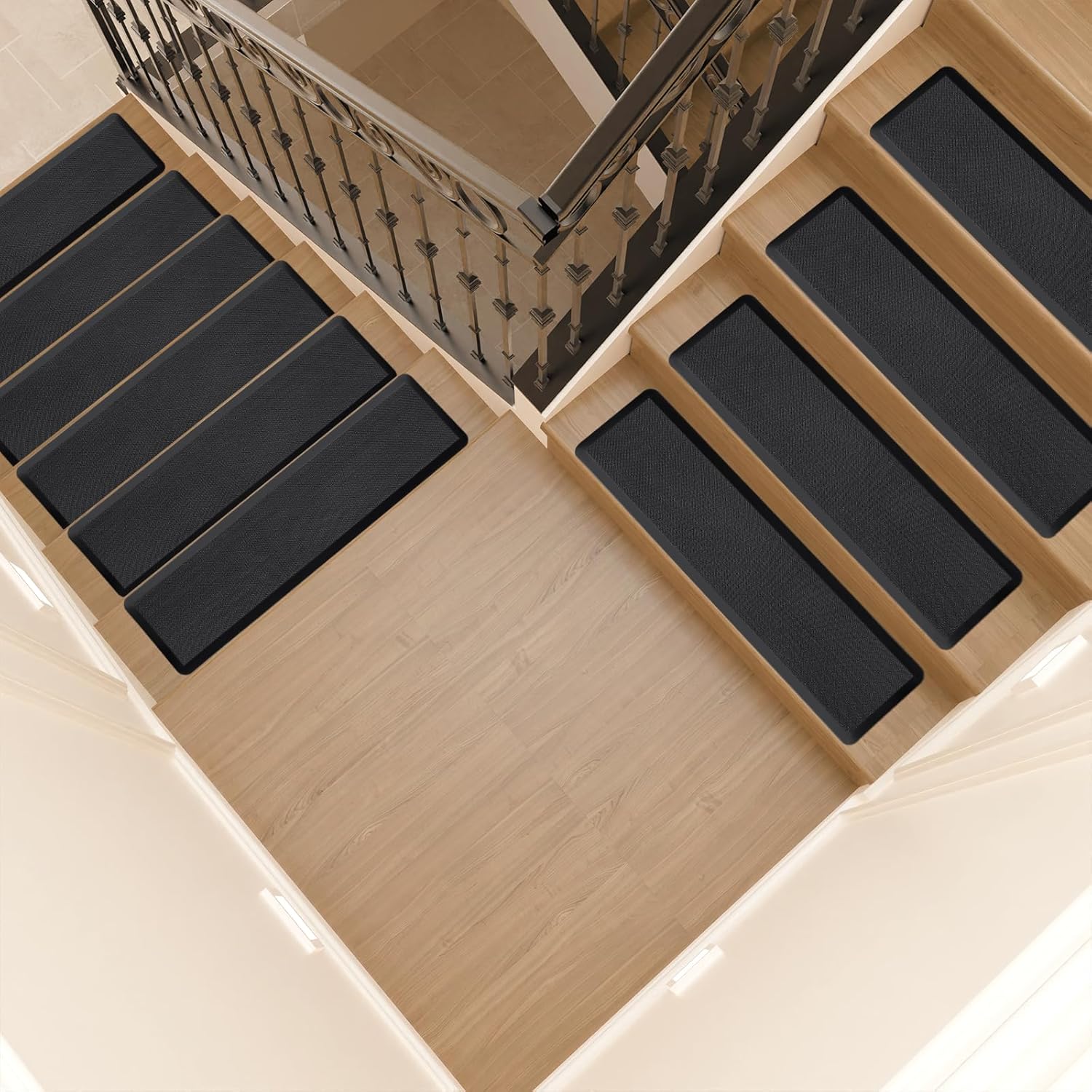 PURE ERA Cushioned Stair Mat, 8 x 30 Inch Non-Slip Stair Treads, Staircase Step Treads Foam Stair Pads, Tape Free Durable Stair Treads for Wooden Steps Washable, Easy to Clean (12 Pieces, Black)