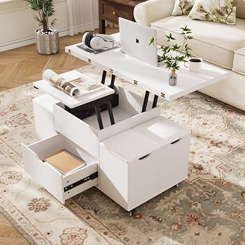 VOWNER Lift Top Coffee Table 3-in-1 Convertible with Drawer 4 Stools