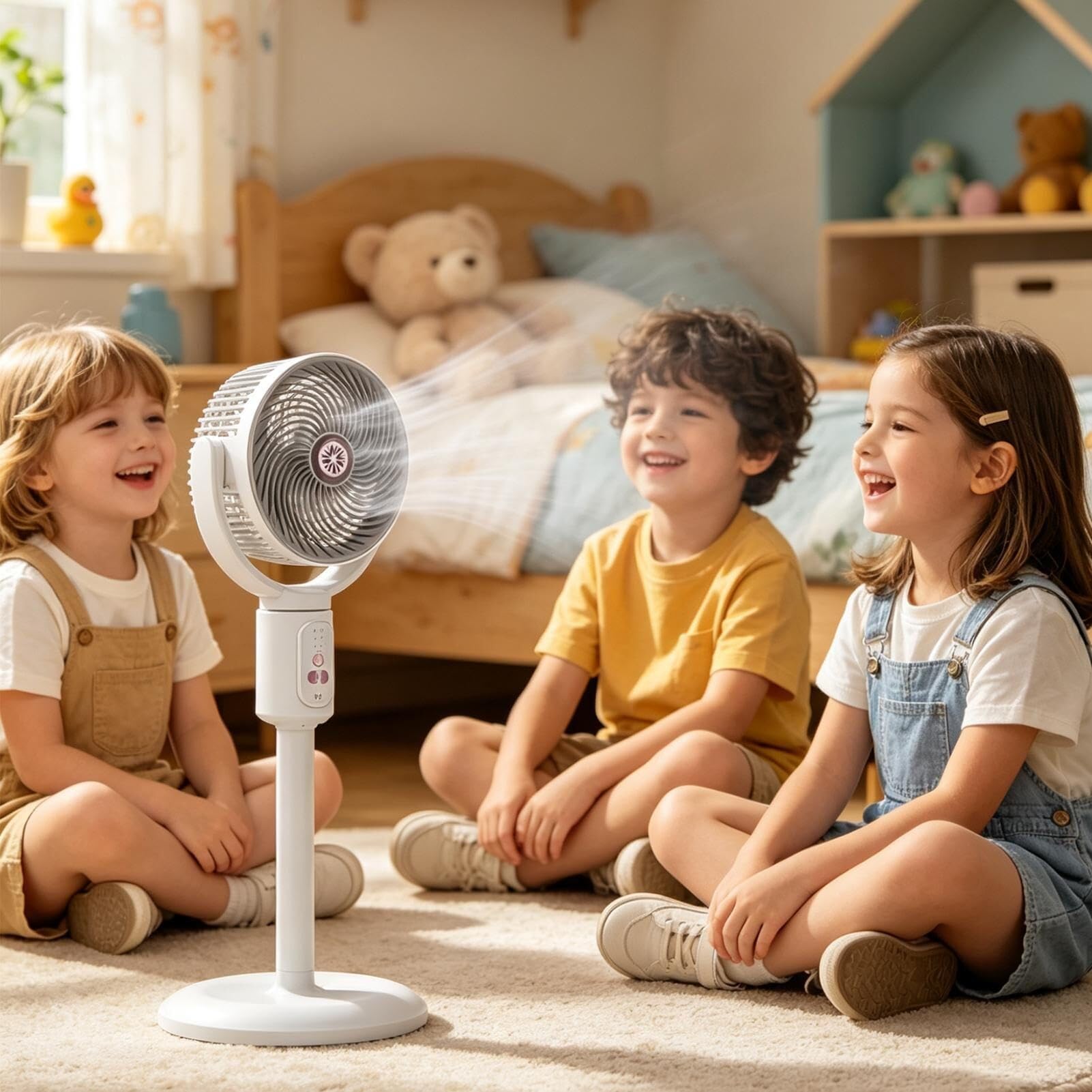 Ventilador de pie recargable con 5 velocidades, temporizador y oscilación automática. Altura ajustable, mando a distancia y puerto USB-C para uso en hogar, oficina o viajes
