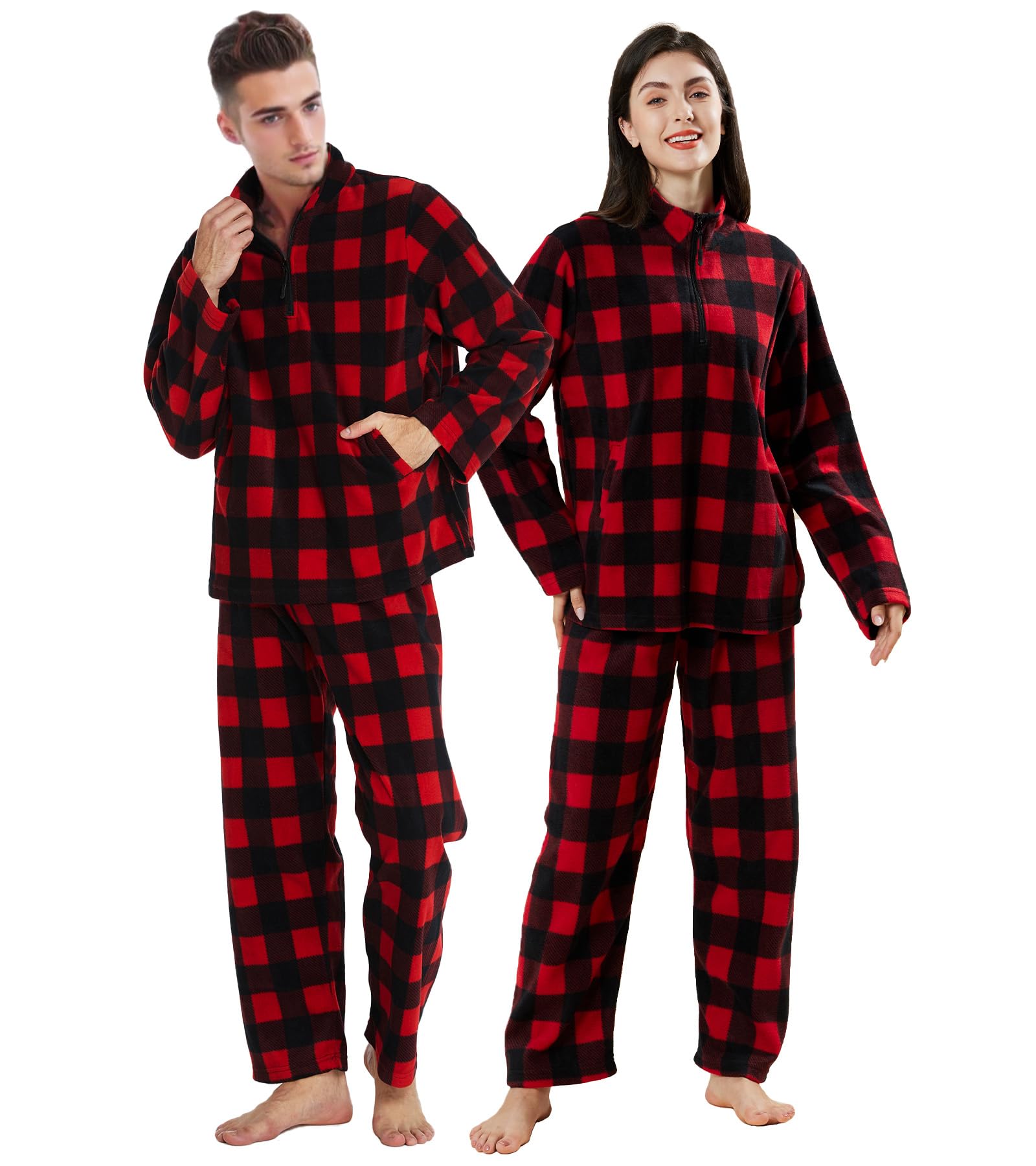 Unisex Christmas Pajamas Set Check Sleepwear Half Zipper Pullover Top with Pockets & Long Pants Matching Nightwear-image-21