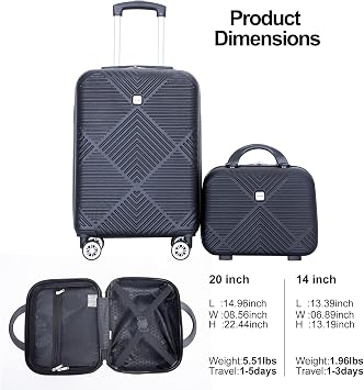 Tripcomp Carry-on Luggage Set 2 Piece Hardside Suitcase with Spinner Wheels | ABS+PC, With Cosmetic Case, 22x14x9 Airline Approved 20 Inch, Black