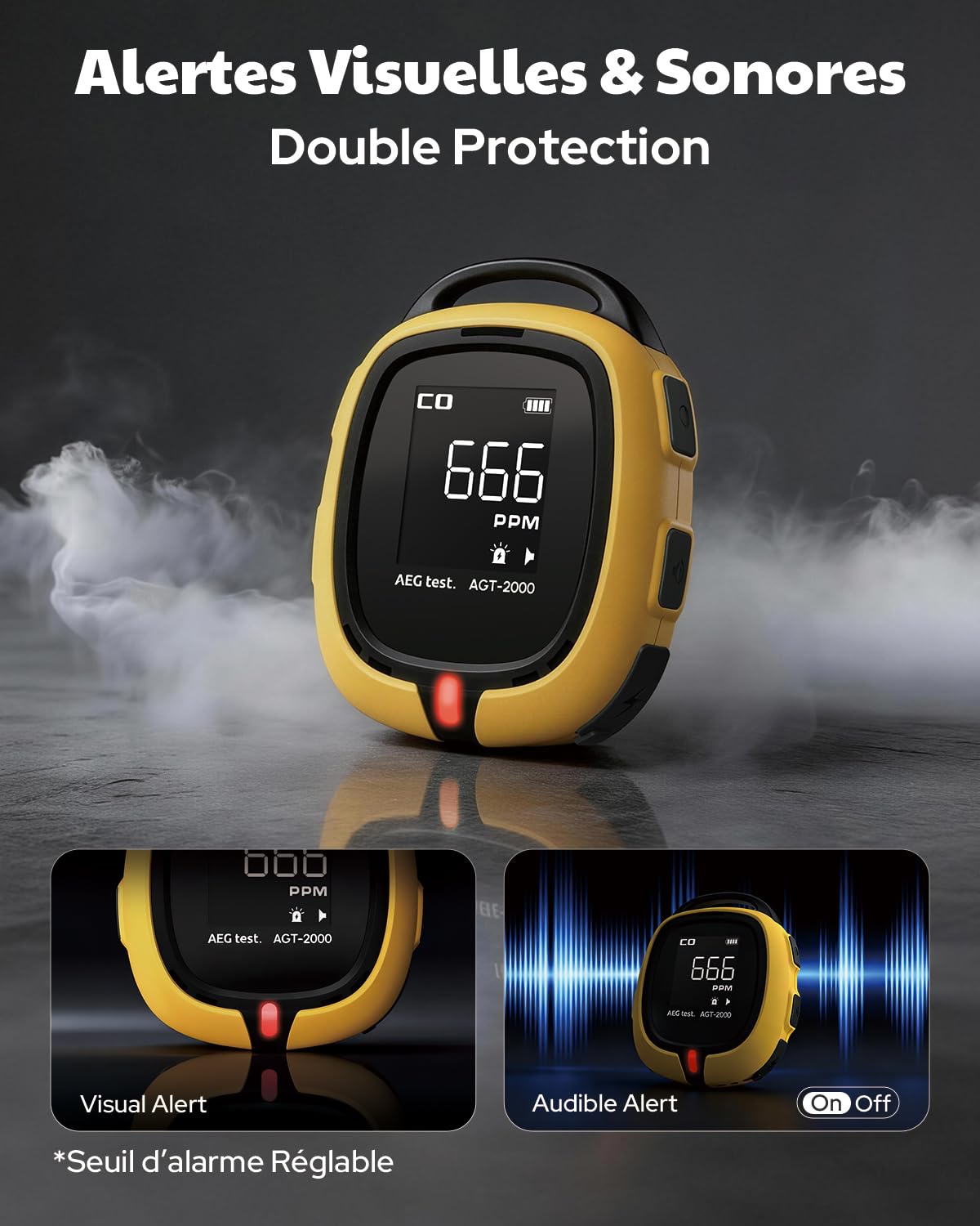 AGT-2000 Détecteur de Monoxyde de Carbone Portable pour Le Voyage, 240 H d’Autonomie, Détecteur CO avec Alertes Sonores et Visuelles, Rechargeable, avec Lampe d’Urgence Intégrée