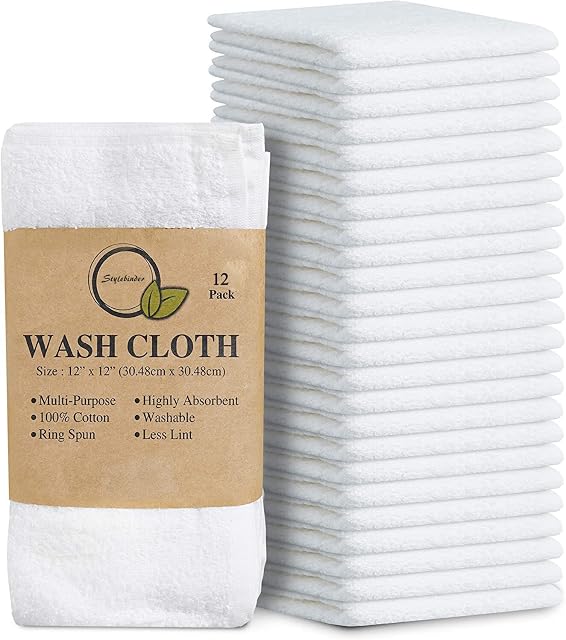EDB 12 Piece Cotton Washcloths Set (500 GSM) Flannel Face Cloths (30cm x 30cm) Highly Absorbent Fingertip Towels 100% Soft Cotton Hotel Quality (White, 12)