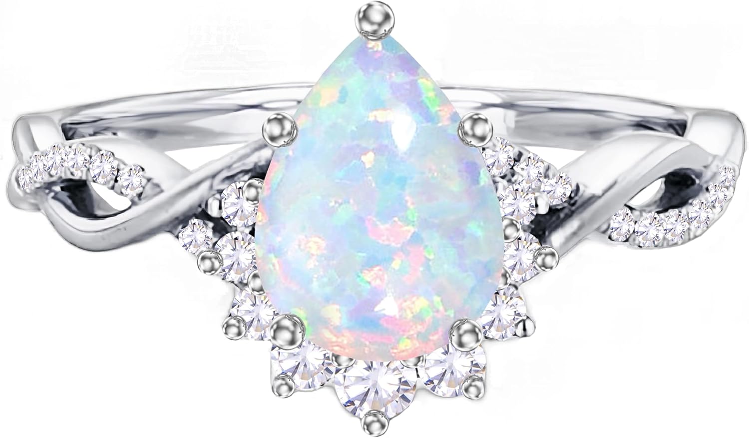 Pear-Cut Opal Engagement Ring for Women,s925 Sterling Silver 1.5CT Teardrop White Created Opal October Birthstone Rings Jewelry for Anniversary Birthday Promise Wedding Size 4-12