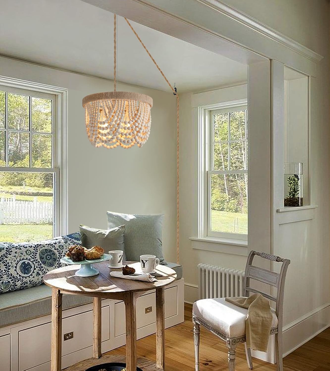 AMZASA Plug in Chandelier Boho Woven Hemp Rope Wooden Beaded Farmhosue Hanging Pendant Light Fixture with 14.8FT Cord On/Off Switch 3 Lights for Nursery Bedroom Living Room Dining Room UL Listed