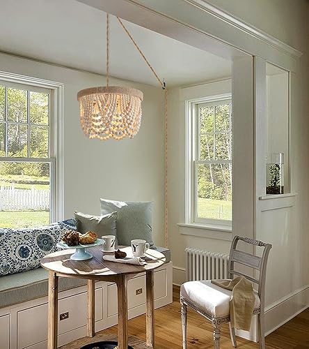 Vista 22 de AZMASA - Lámpara de techo con cuentas de madera, estilo bohemio, de montaje empotrado, cuerda de cáñamo, 3 luces para guardería, dormitorio