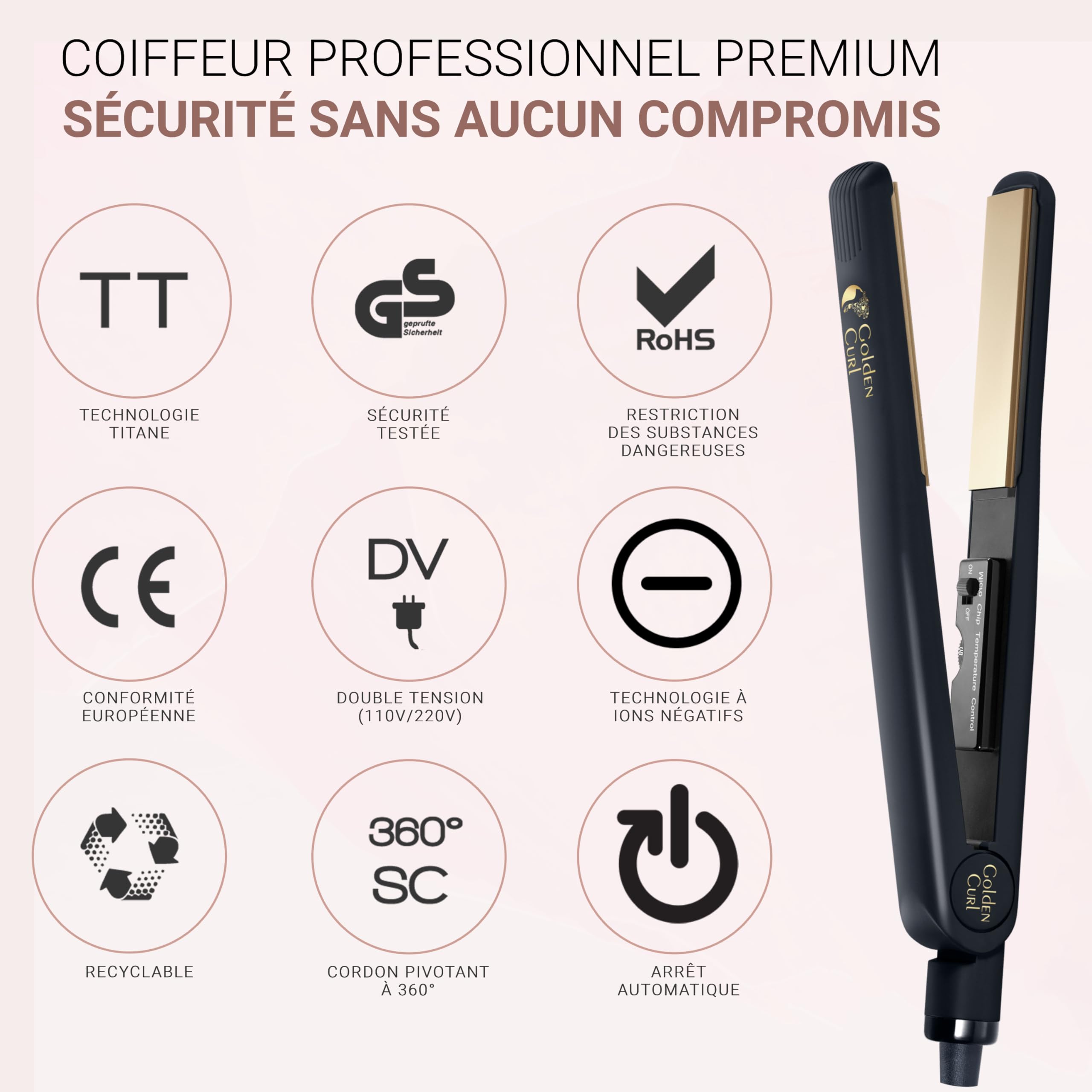 Golden Curl Fer Lisseur Cheveux Professionnel pour Lissage Facile et Rapide | 5 Ans de Tranquillité, Fer à Lisser et Boucleur 2 en 1, Appareil Coiffure Hair Straightener pour Lisser et Boucler (Or)