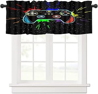 Gamer Kitchen Valance Curtain, Gamepad Colorful Gaming Game Controller Cool Gamer Pattern Window Treatment Rod Pocket Drapes for Bathroom Bedroom Cafe Decor 54x18inch