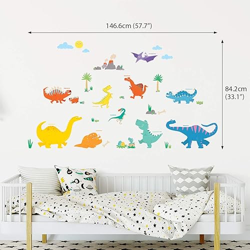 Miniatura 4 de DECOWALL DW-1703 Calcomanías de pared de dinosaurios coloridos para niños, calcomanías de pared extraíbles para niños, guardería, dormitorio, sala