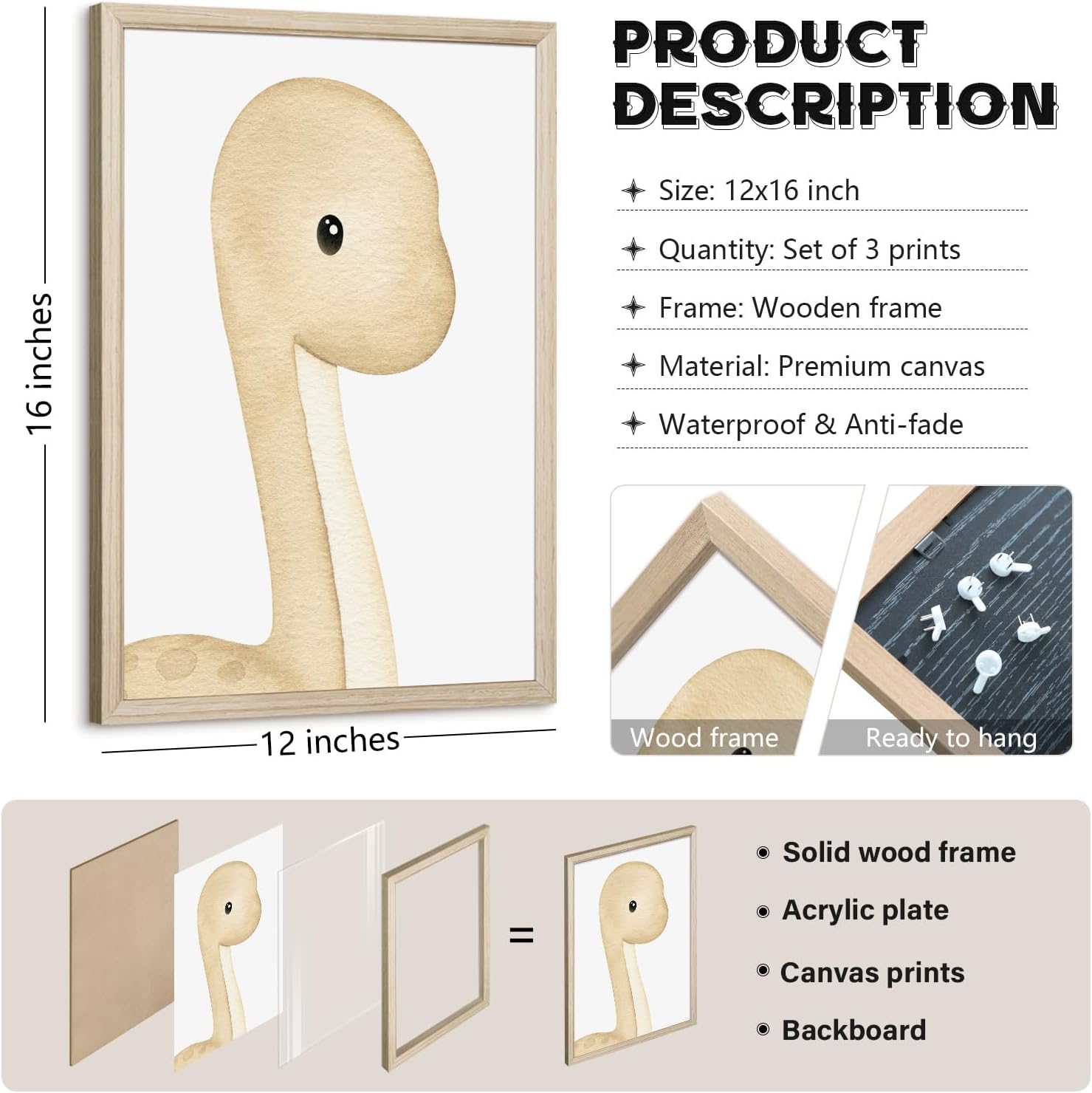 Dinosaur Wall Art Kids Boys Room Canvas Wall Decor Dino Nursery Wall Art Pictures Baby Dinosaur Poster Prints for Boys Bedroom Bathroom 12x16 Inch Wood Framed Set of 3