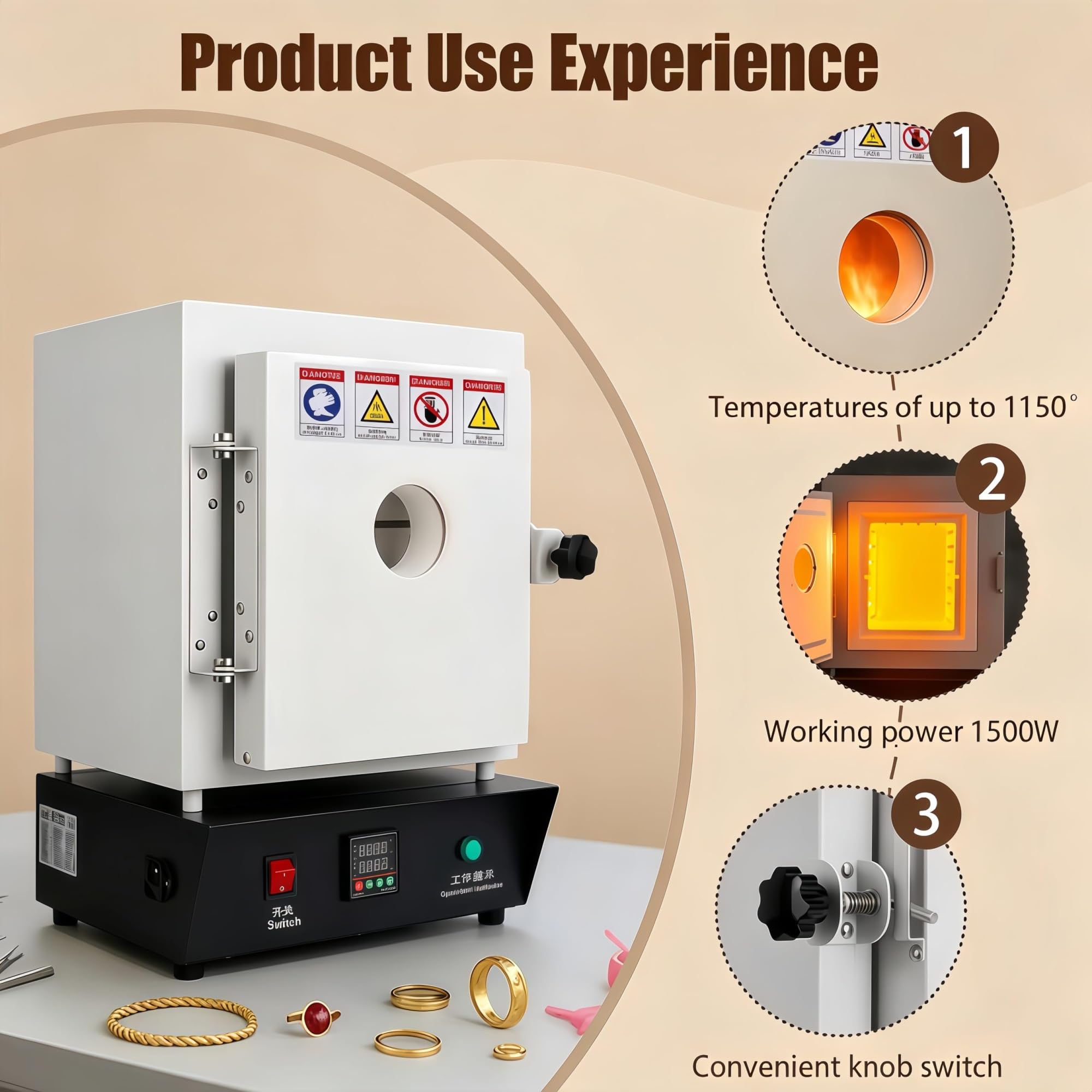 Forno Per Ceramica Professionale 1500W, Temperatura Regolabile 1150°C, Riscaldamento Tri-Zona, Finestra Di Osservazione, Sensore Integrato, Schermo LCD, Raffreddamento Ad Aria, Per Forno Ceramica
