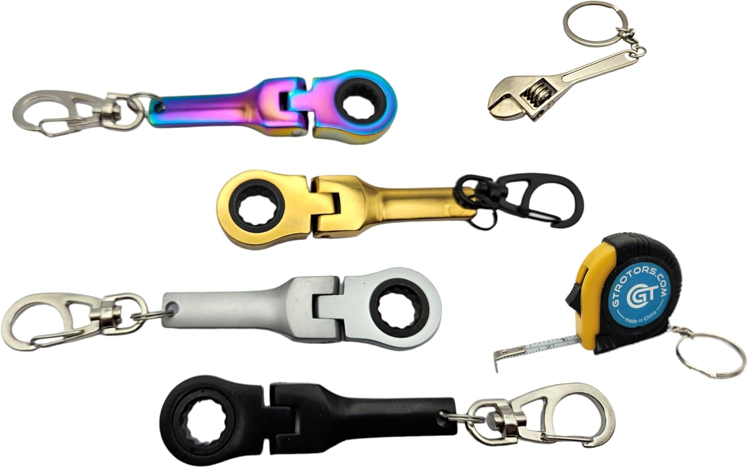 GT//Rotors 6 PIECES SET - 4x 10mm Ratchet Wrench Keychain Key Ring + 3ft Tape Measurement Keychain + Mini Monkey Wrench Spanner