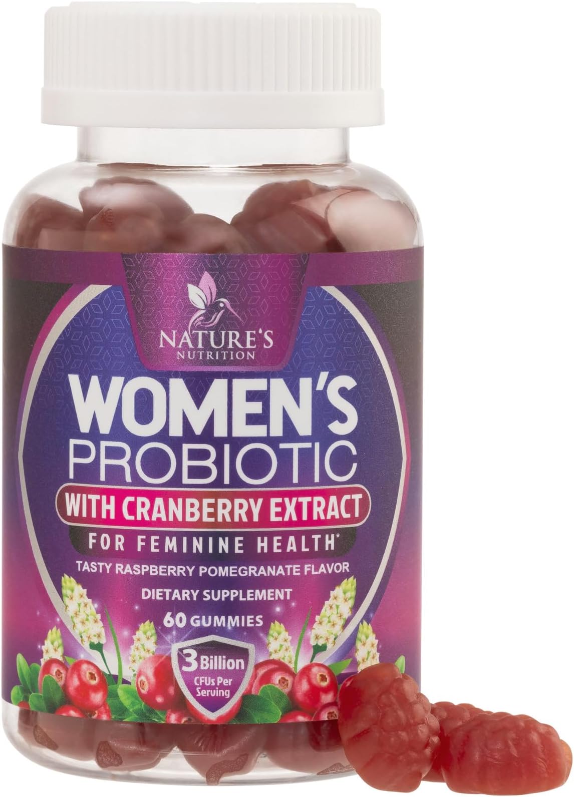 Probiotics for Women Gummy w/pH Support - 3 Billion CFU Womens Probiotic for Digestive, l, Urinary & Immune Health Support, 6 Diverse Strains w/Cranberry, Non-GMO - 60 Gummies