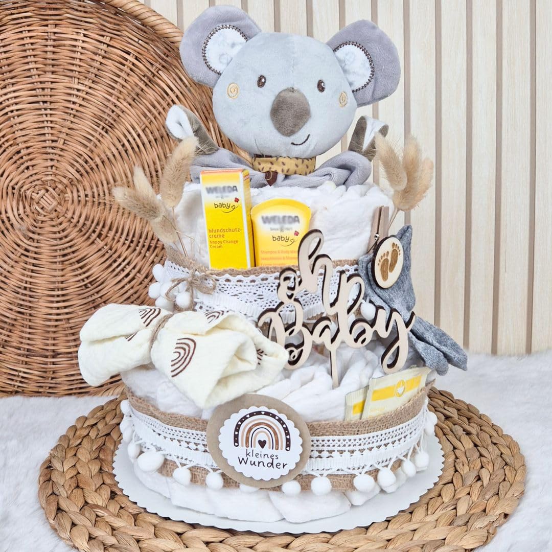 Torta di pannolini stile boho vintage | regalo per la nascita | Made in Germany | con panno per la cura di alta qualità, tè per neonati, calzini, panno e bellissimi accessori | regalo per bambini