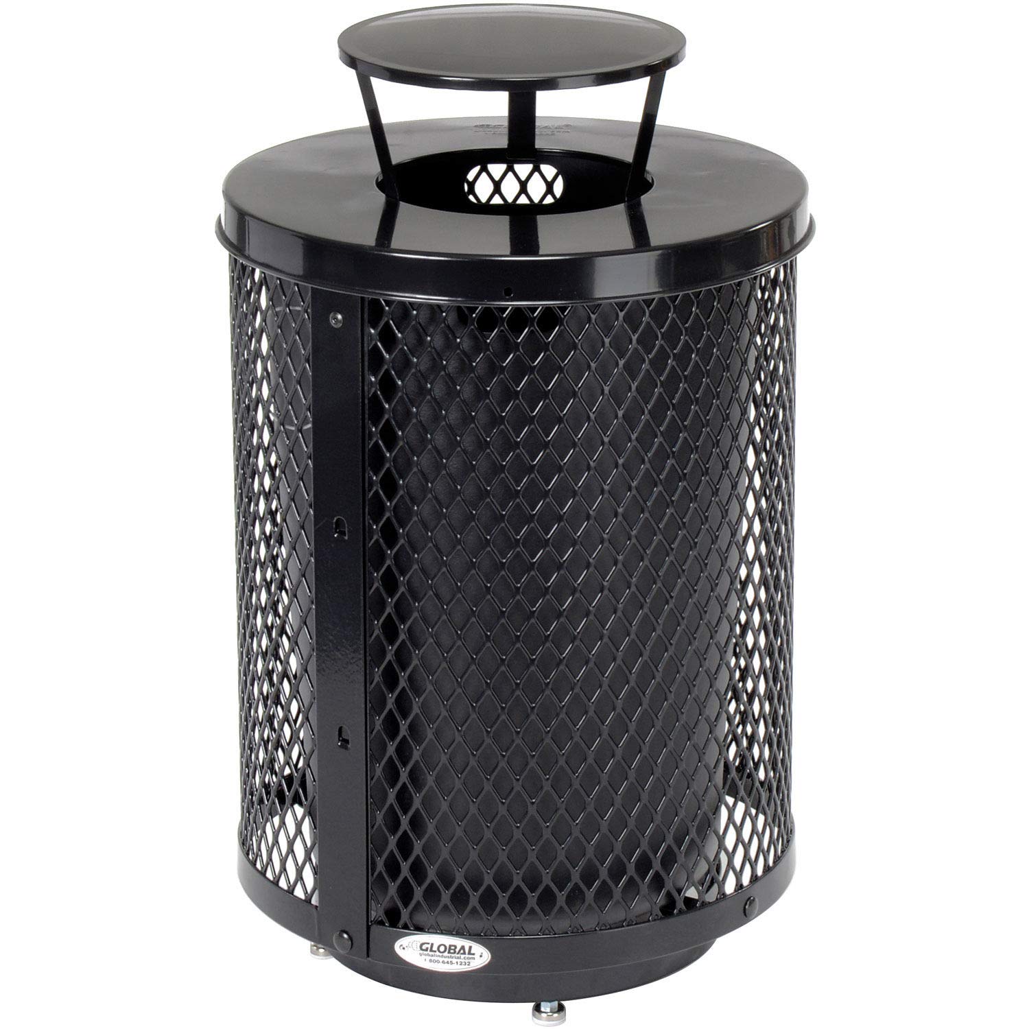 Global Industrial Outdoor Diamond Steel Trash Can with Rain Bonnet Lid, Raised Base and Plastic Liner, 36 Gallon Capacity, Black, Thermoplastic Coating, 23-1/2" Diameter, 43-1/2"H