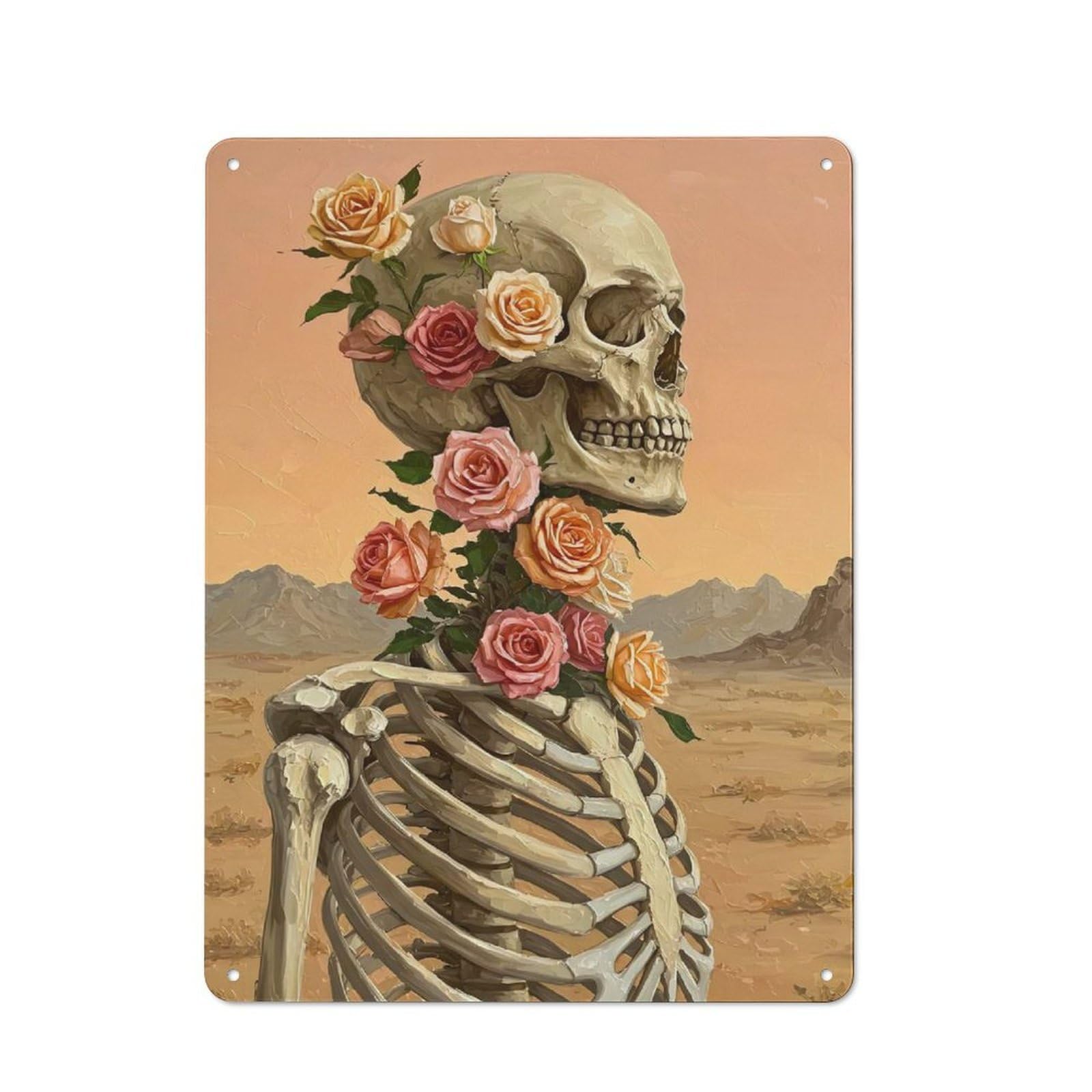 Junmoney Skeleton With Roses Vintage Tin Sign 40X30cm Featuring For Workshop Wall, Gift For Metal Sign Collectors During The Christmas Season