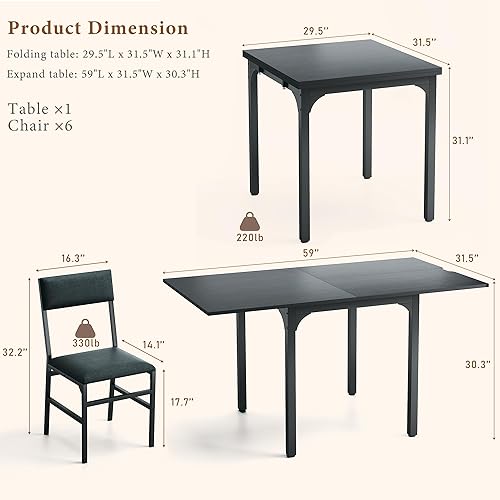 Miniatura 8 de Juego de mesa de comedor de 7 piezas para 4-6, sillas extensibles para mesa de cocina, juego de 6 con 6 sillas, mesa de comedor rectangular con