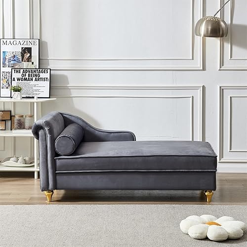 Miniatura 137 de Polibi Tumbona pequeña de 58 pulgadas con cabeza de clavos, moderna tumbona de terciopelo copetuda para sala de estar u oficina, sofá de descanso /