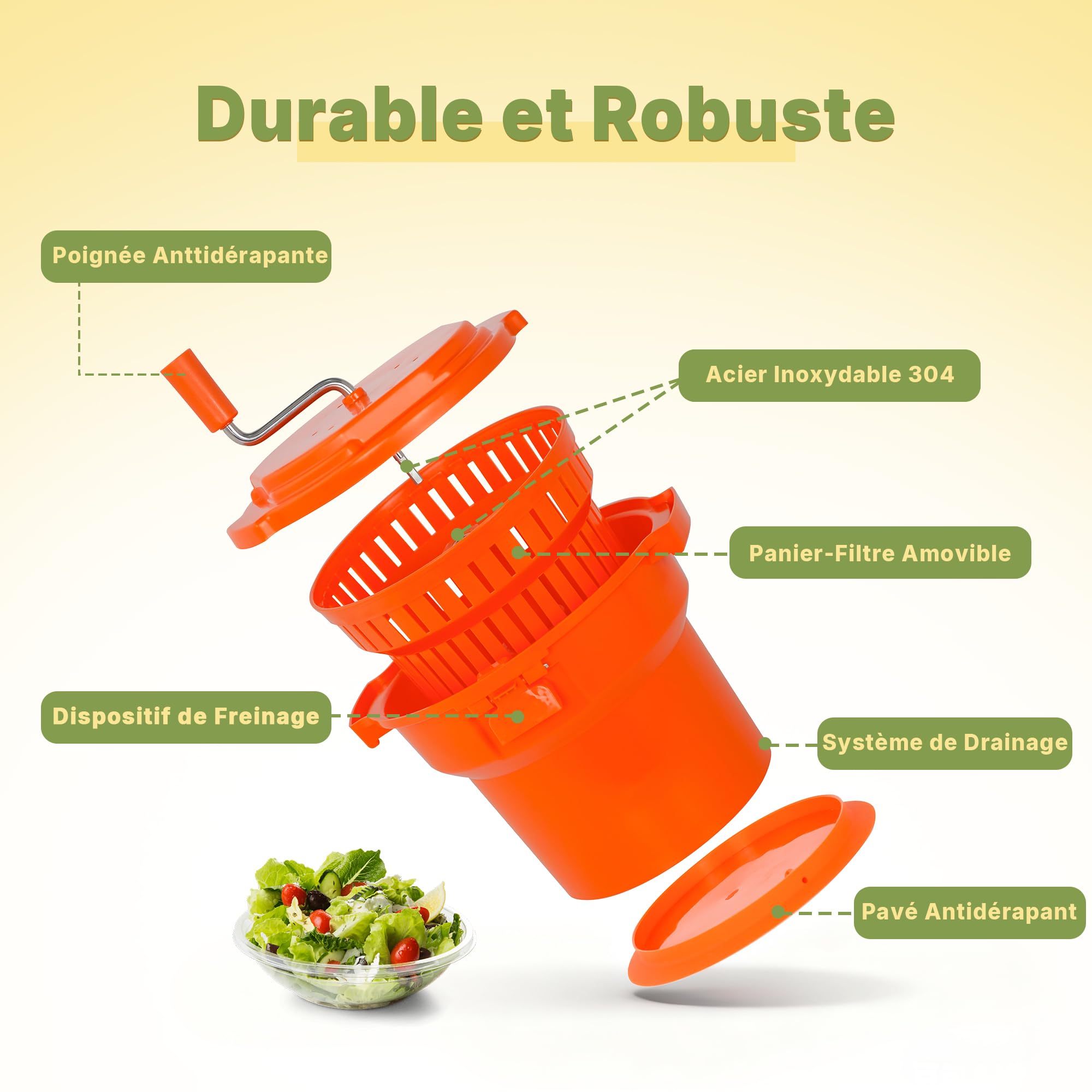 Hakka Essoreuse à Salade Professionnelle, Essoreuse Manuelle à Salade de 25 Litres, Essoreuse à Laitue Géante avec Tapis Antidérapant en Silicone et Tuyau D'évacuation, pour Essorer Jusqu'à 7 Laitues