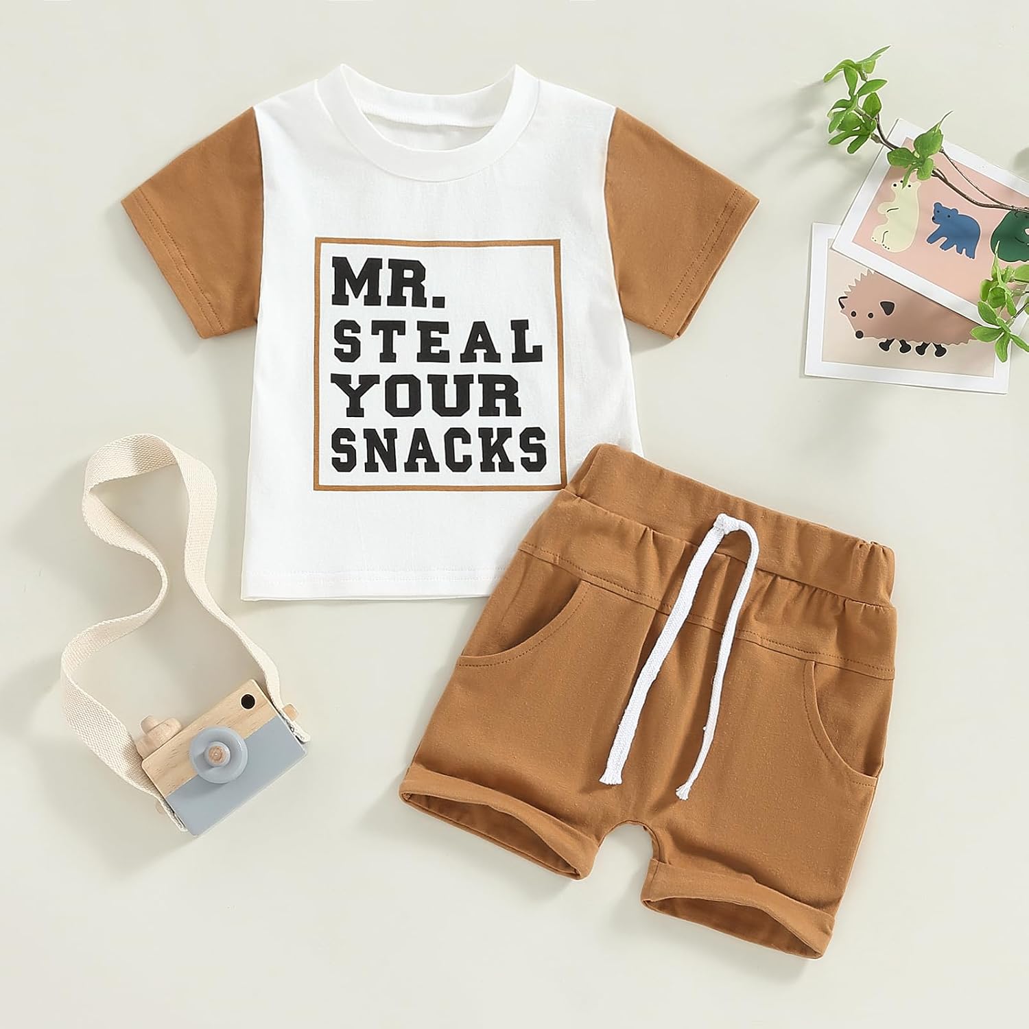 Rtnnsbbfcm Toddler Baby Boy Summer Clothes Mr. Steal Your Snacks Short Sleeve T-shirt Top Shorts 2Pcs Outfit image 2
