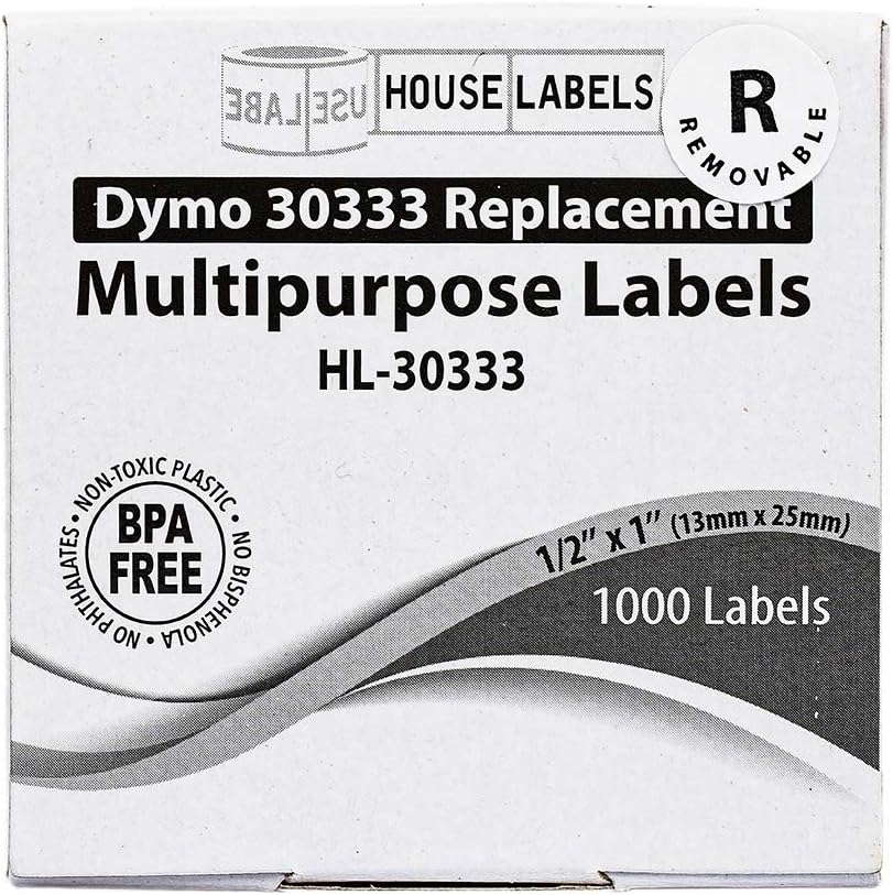 HOUSELABELS Compatible DYMO 30333 Multipurpose Labels (1/2" x 1"; 2 Across) with Removable Adhesive, Compatible with DYMO LW 450, 4XL, Rollo & Zebra Desktop Printers, 20 Rolls /20000 Labels