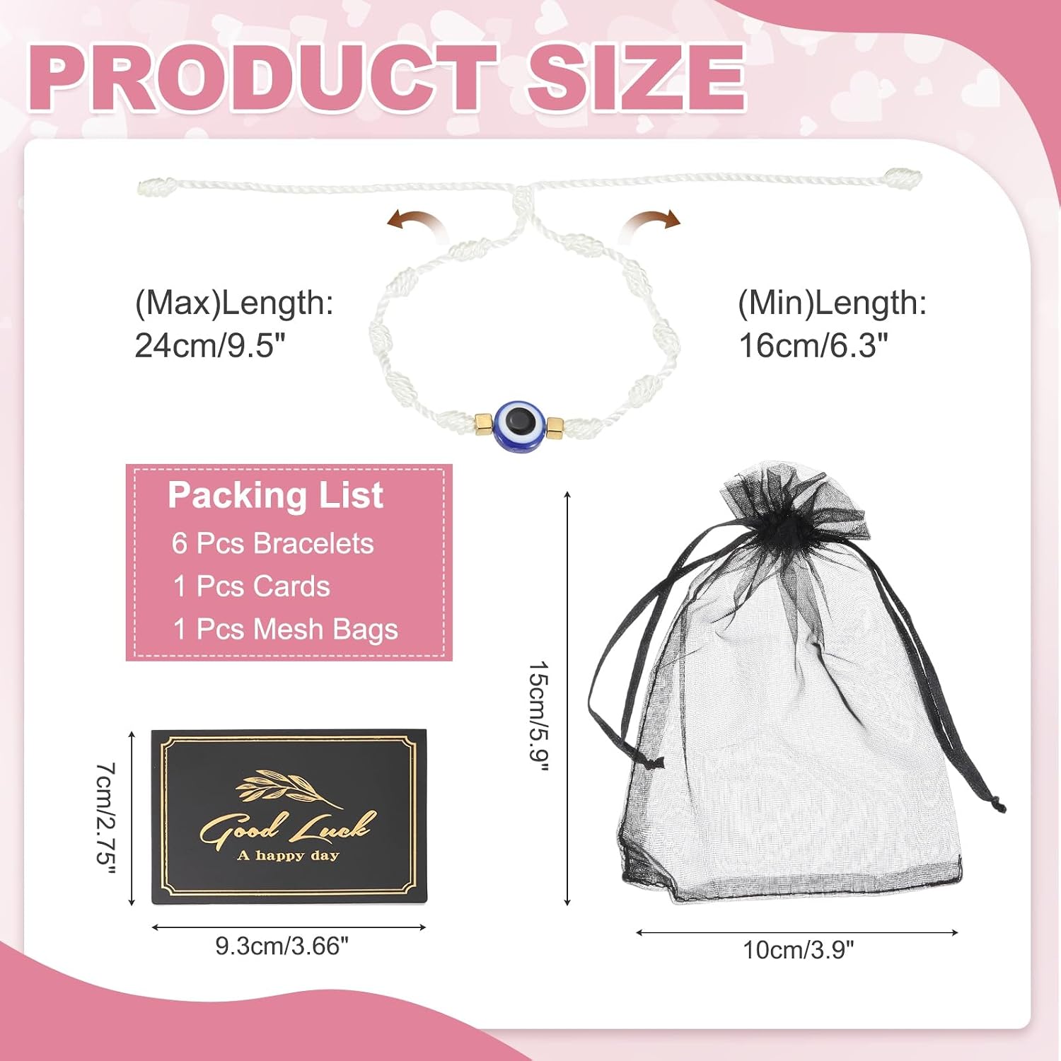 MECCANIXITY Evil Eye Bracelet, Handmade Knots Braided Rope String Adjustable Evil Eye Good Luck Bracelet Set with Card & Mesh Bag