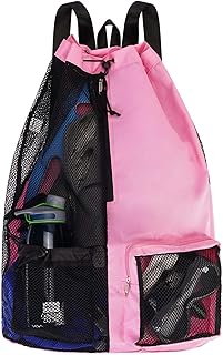 Swim Bag Mesh Drawstring Backpack with Wet Pocket for Swimming, Gym, and Workout Gear (Pink)
