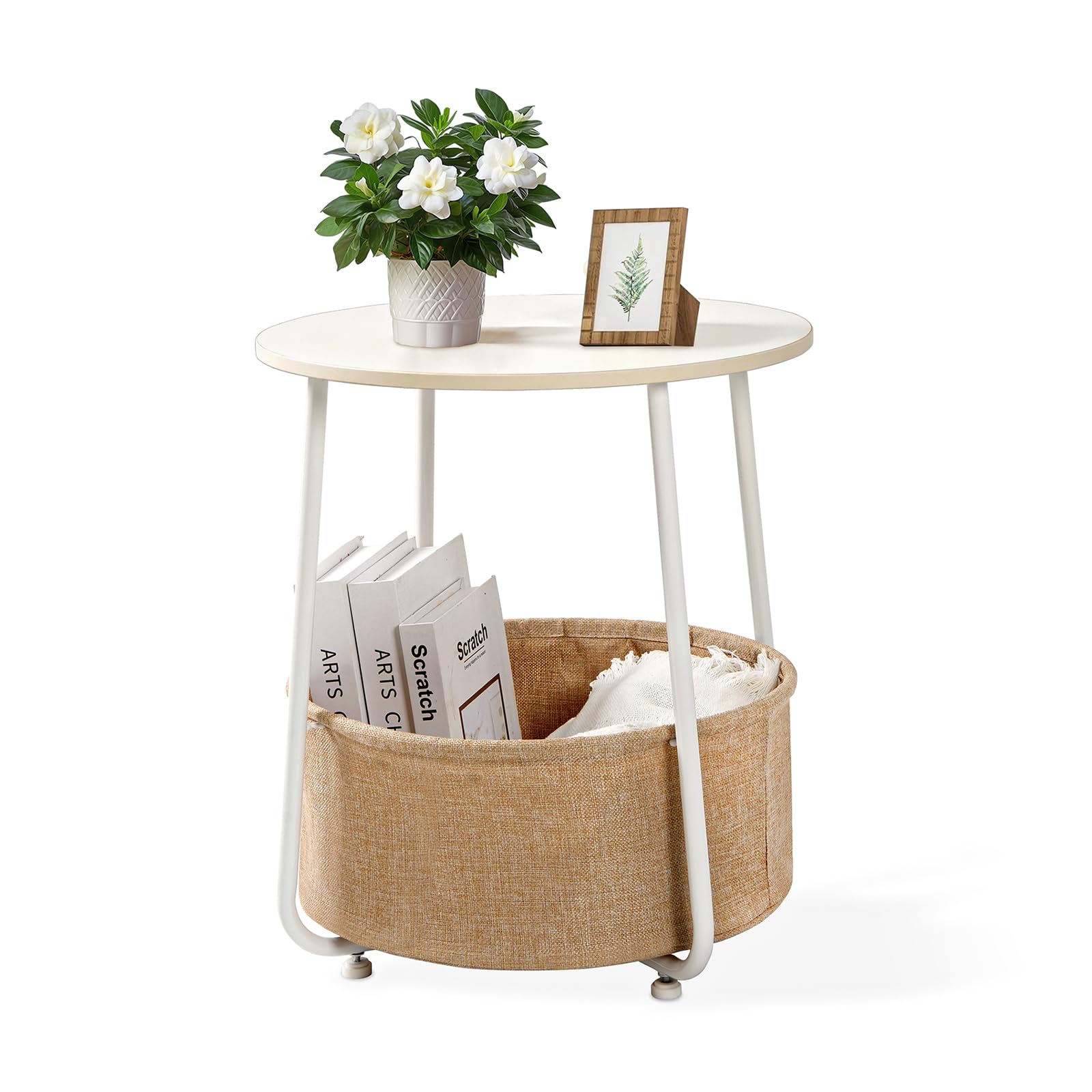 YSSOA Round Side Table, End Tables for Living Room, Small Bed Side Table, Modern White Night Stand for Bedside, Nursery, Bedroom with Cloth Storage Basket