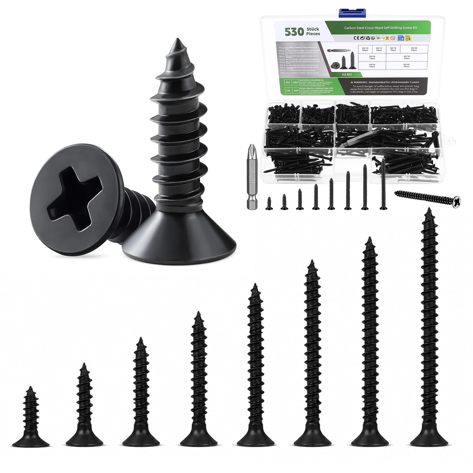 530 Pcs M3 Self Tapping Screws for Wood Screws Assortment, Small Assorted Cross Flat Head Screw Set Mixed for Door Handles Kitchen Cabinet Wood Fastening(Black)