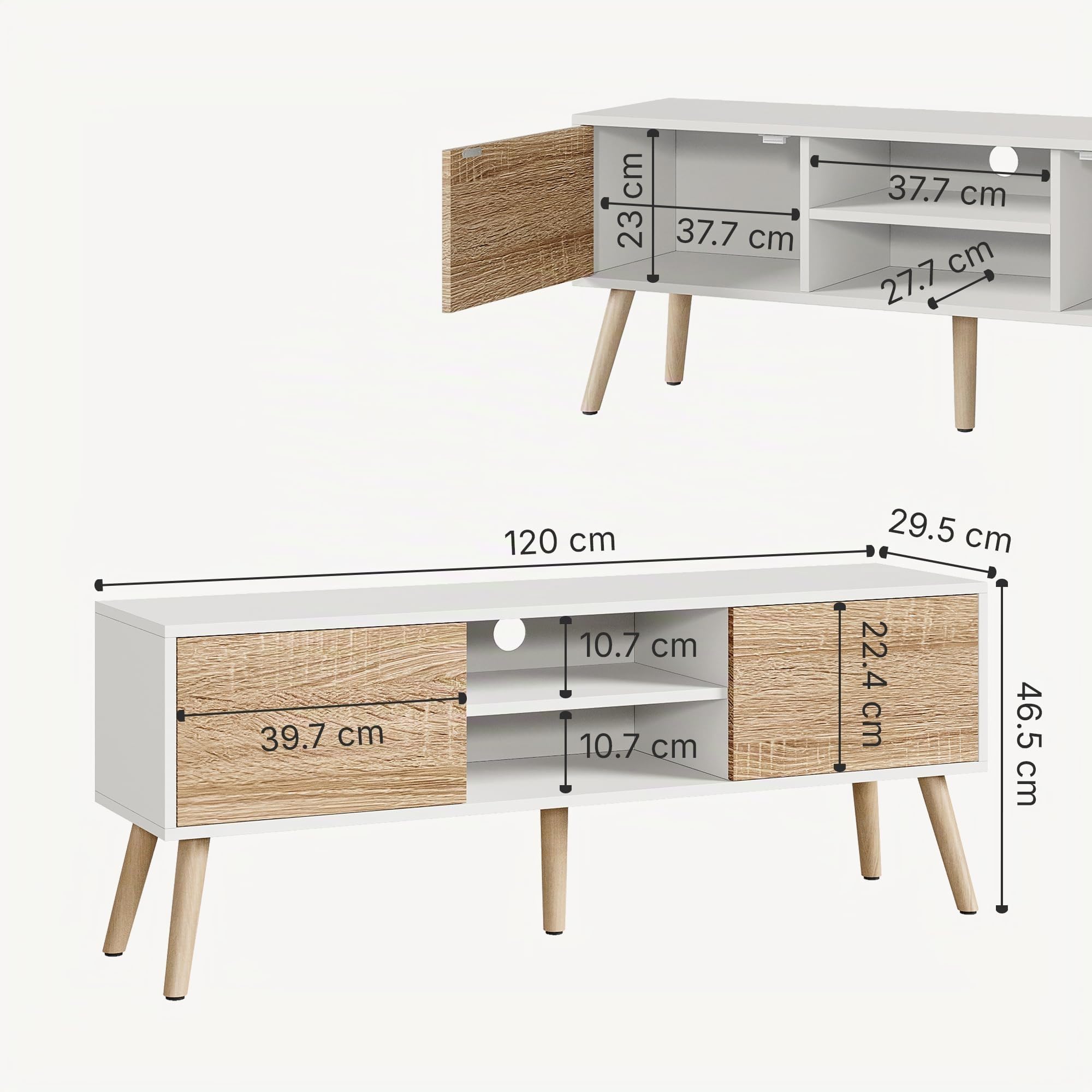 [en.casa] Mobile Porta TV a 2 Ante e Ripiani Aperti Supporto Televisore con Scomparti Chiusi Tavolo Basso Contenitore per Soggiorno Studio Corridoio 120x30x47 cm - Bianco/Effetto Rovere