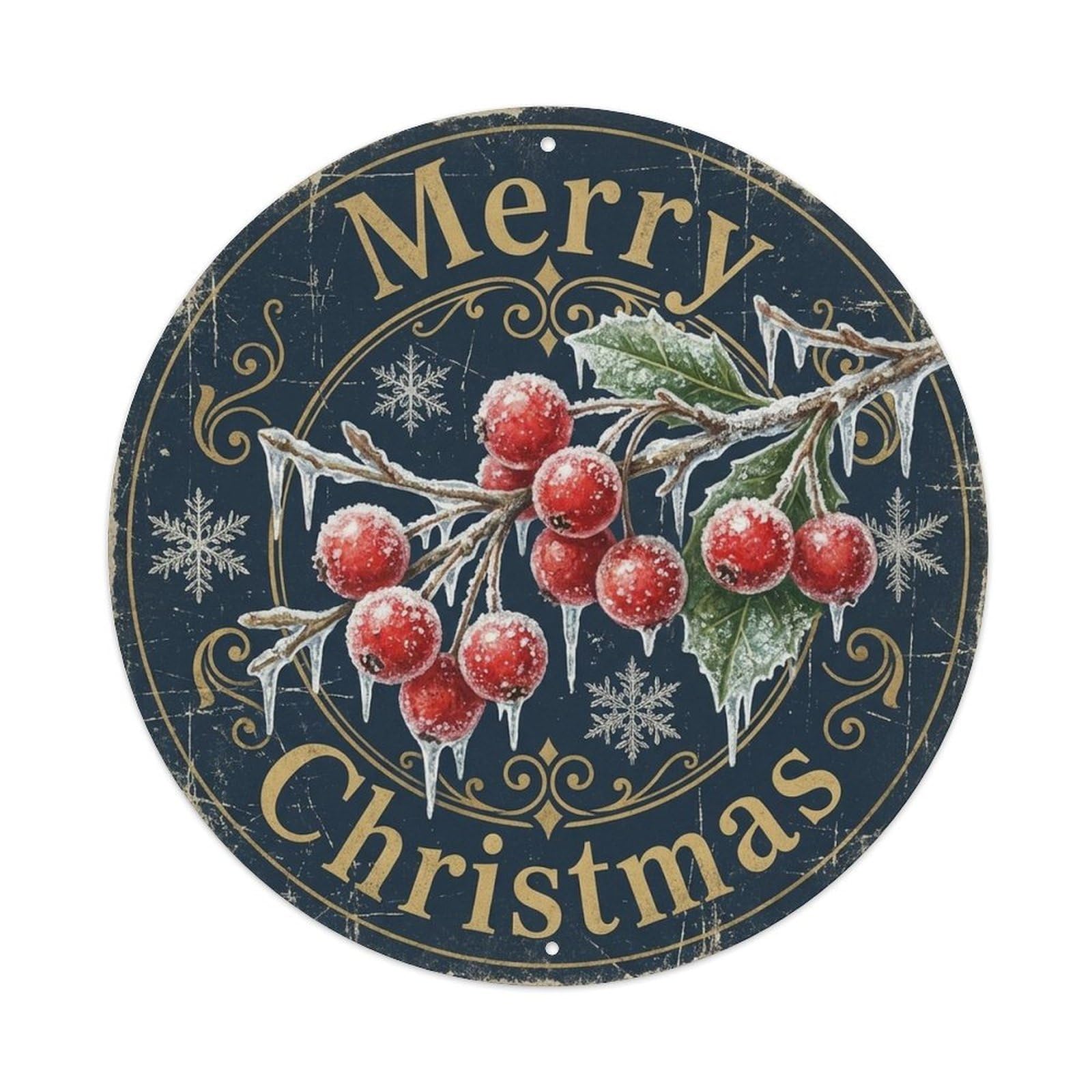 Merry Christmas Frosted Berries Branch Metal Tin Sign