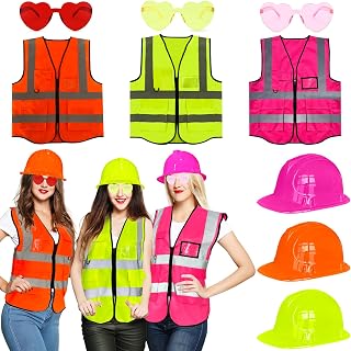 9 Pcs Halloween Women Construction Worker Costume Accessories Neon Reflective Visibility Vest Plastic Construction Helmet with 3 Pairs of Heart Shaped Glasses for Halloween Party Football Game