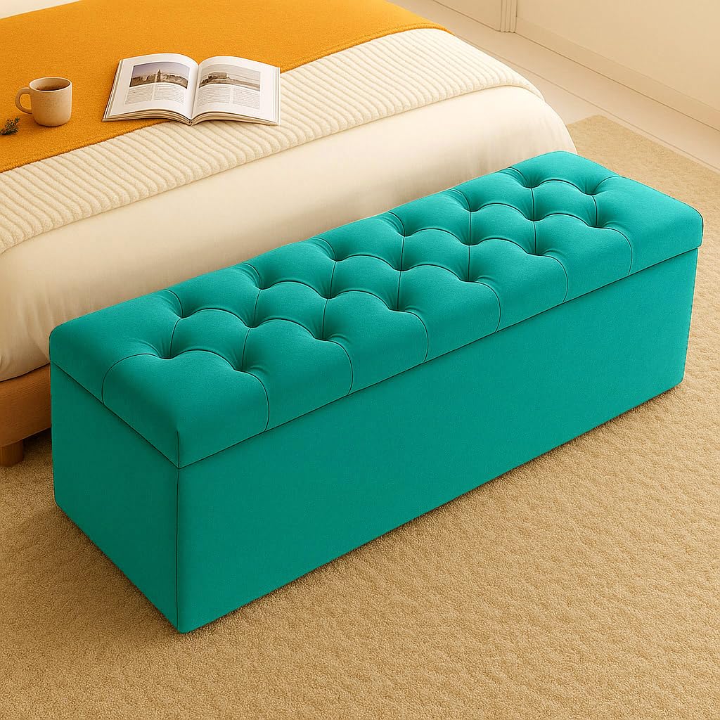Milan Velvet Ottoman Storage Box, Upholstered Blanket Box with Hinged Lid, Bedroom Storage Ottoman, End of Bed Storage Bench, Padded Ottoman Storage Seat for Living Room & Hallway