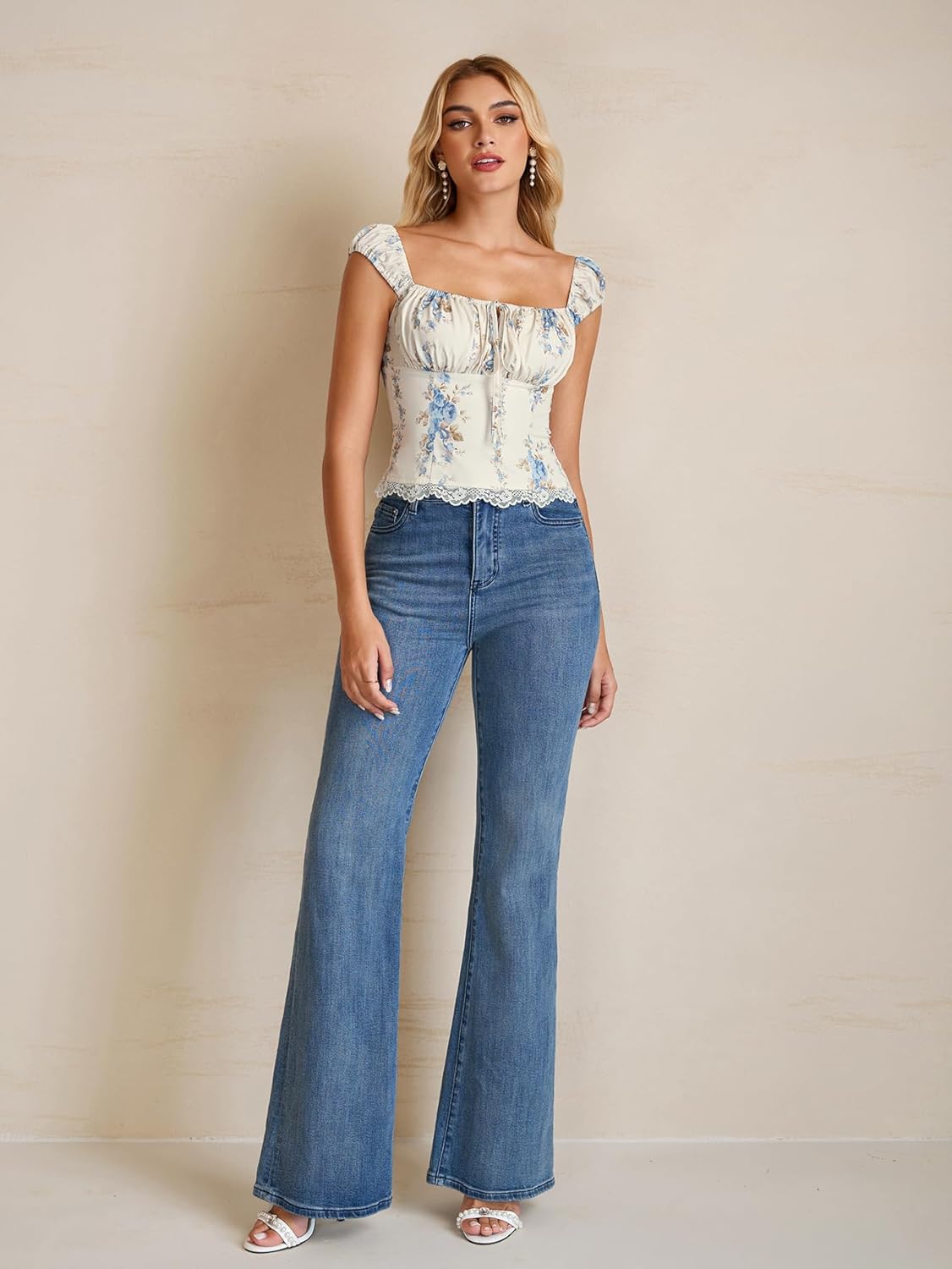 KUTUMAI Floral Lace Corset Top Y2k Square Neck Smocked Bustier Going Out Tie Cute Crop Tops for Women Summer - Image 6