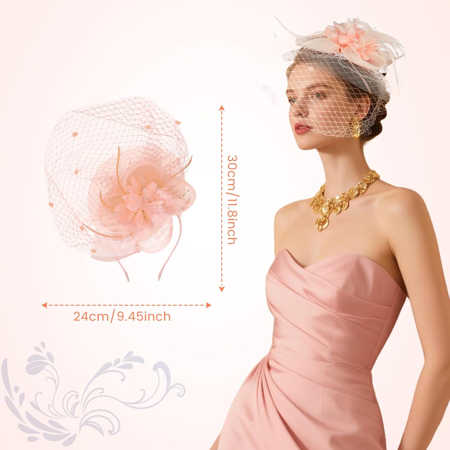 7Pcs Fascinators for Women,20s 50s Tea Party Fascinator Hats for Women,Feather Pearl Veil Tea Party Hats and Jewelry Set - Image 6