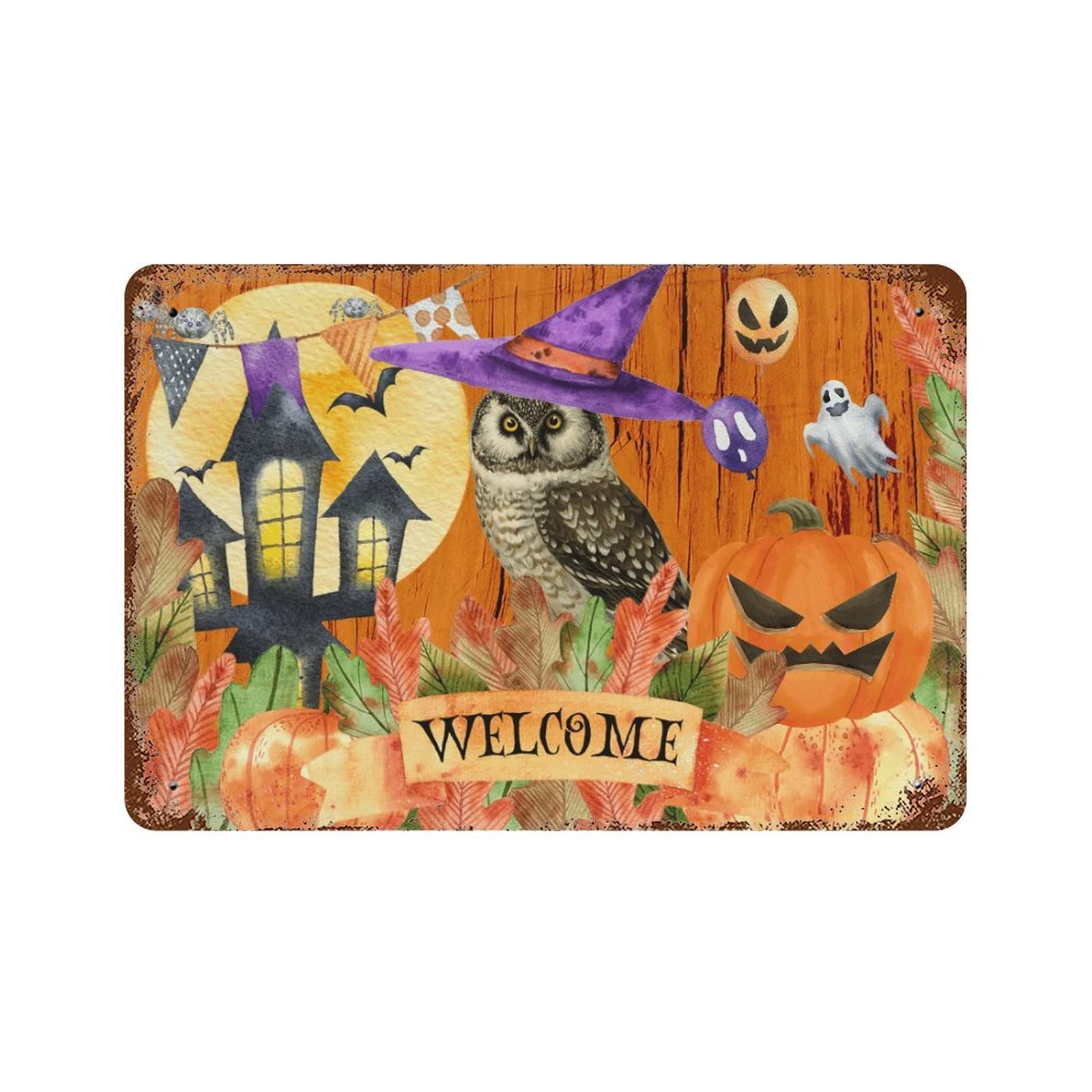 Panneau Happy Halloween en métal pour remplacer les décorations fragiles qui s'abîment sous la pluie