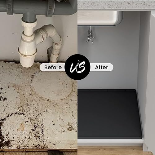 Miniatura 7 de Tapete para debajo del fregadero, bandeja de silicona para gabinete de cocina de 31 x 22 pulgadas, impermeable y flexible para debajo del fregadero