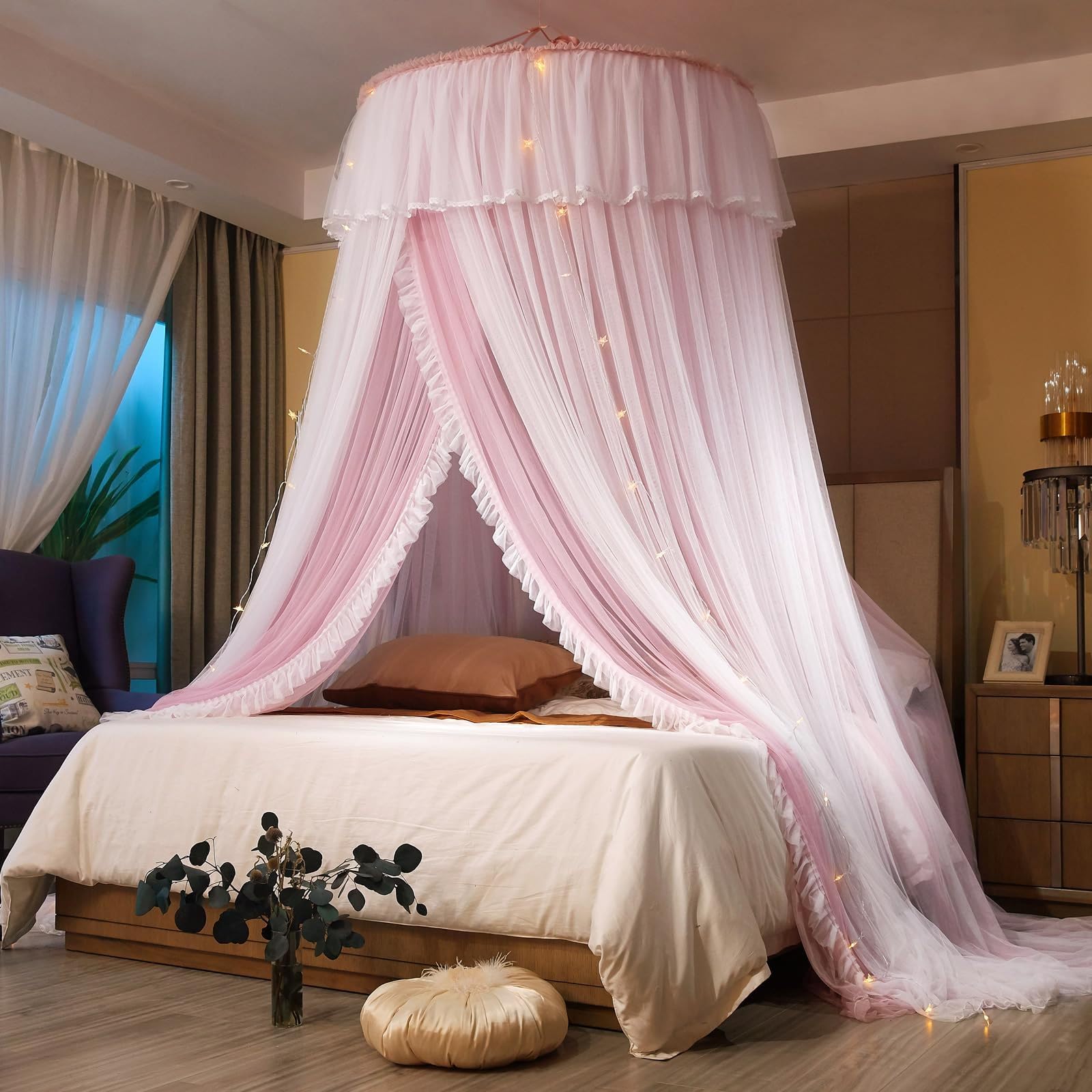 Prinzessinnen Bettvorhang für Zimmerdekoration von Mädchen oder Themenpartys, Eleganter Doppellagiger Betthimmel Moskitonetz Bett für Betten von Twin- bis King-Size, Pink