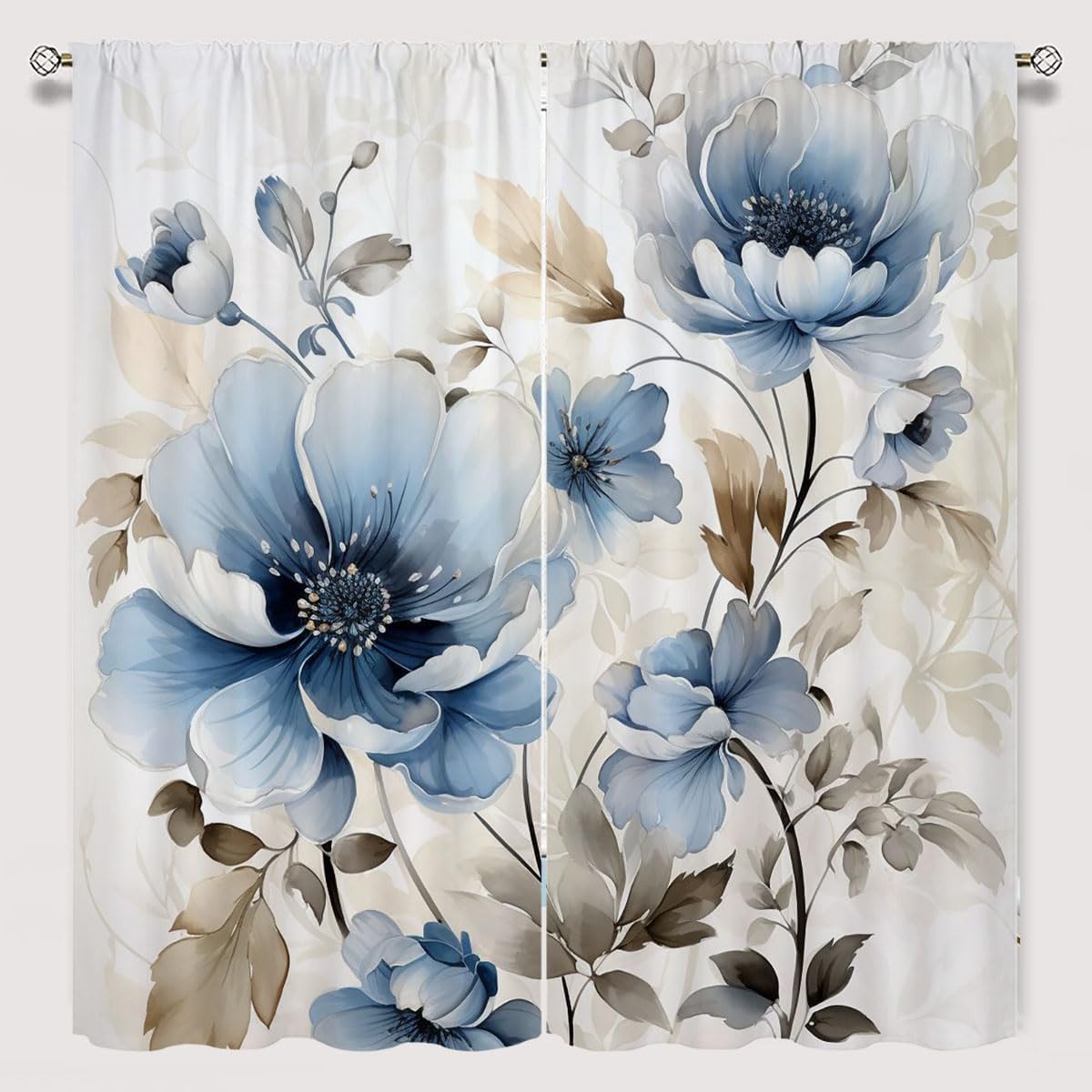 Rustic Floral Blackout Curtains for Kid Girls Boys Bedroom, Daisy Watercolor Painting Farmhouse Rod Pocket Thermal Insulated Darkening Curtains for Bedroom Living Room, W42xL63 Inch