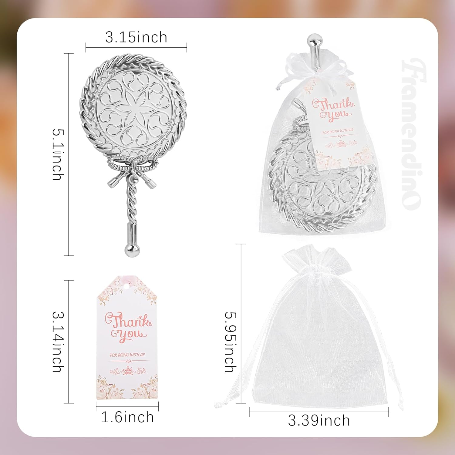 Framendino, 20 Set Bow Round Compact Mirror Bulk Party Favors with Thank You Tag Organza Bag for Wedding Bridal Shower (Silver)