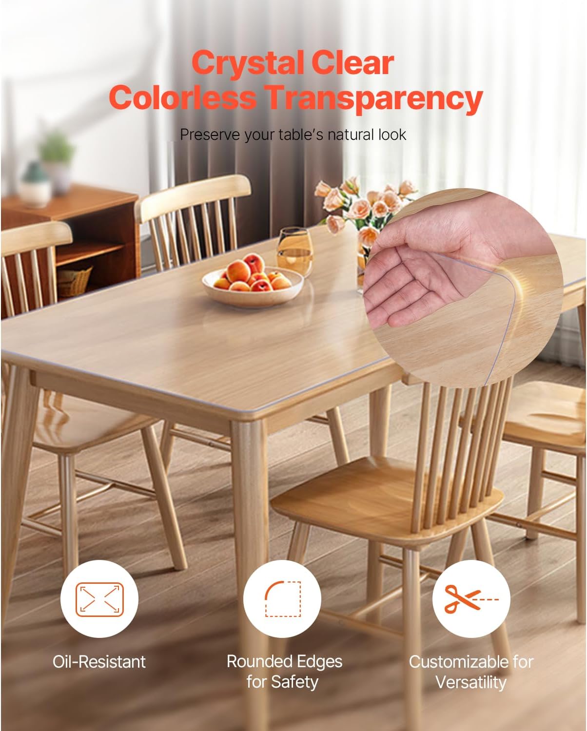 VEVOR  Large Clear Table Cover Protector, 1.5mm Thick PVC Plastic Tablecloth, Waterproof & Oil Spill Proof, Customizable Rectangle Table Cover for Writing Desk, Coffee Table, Dining Room Table