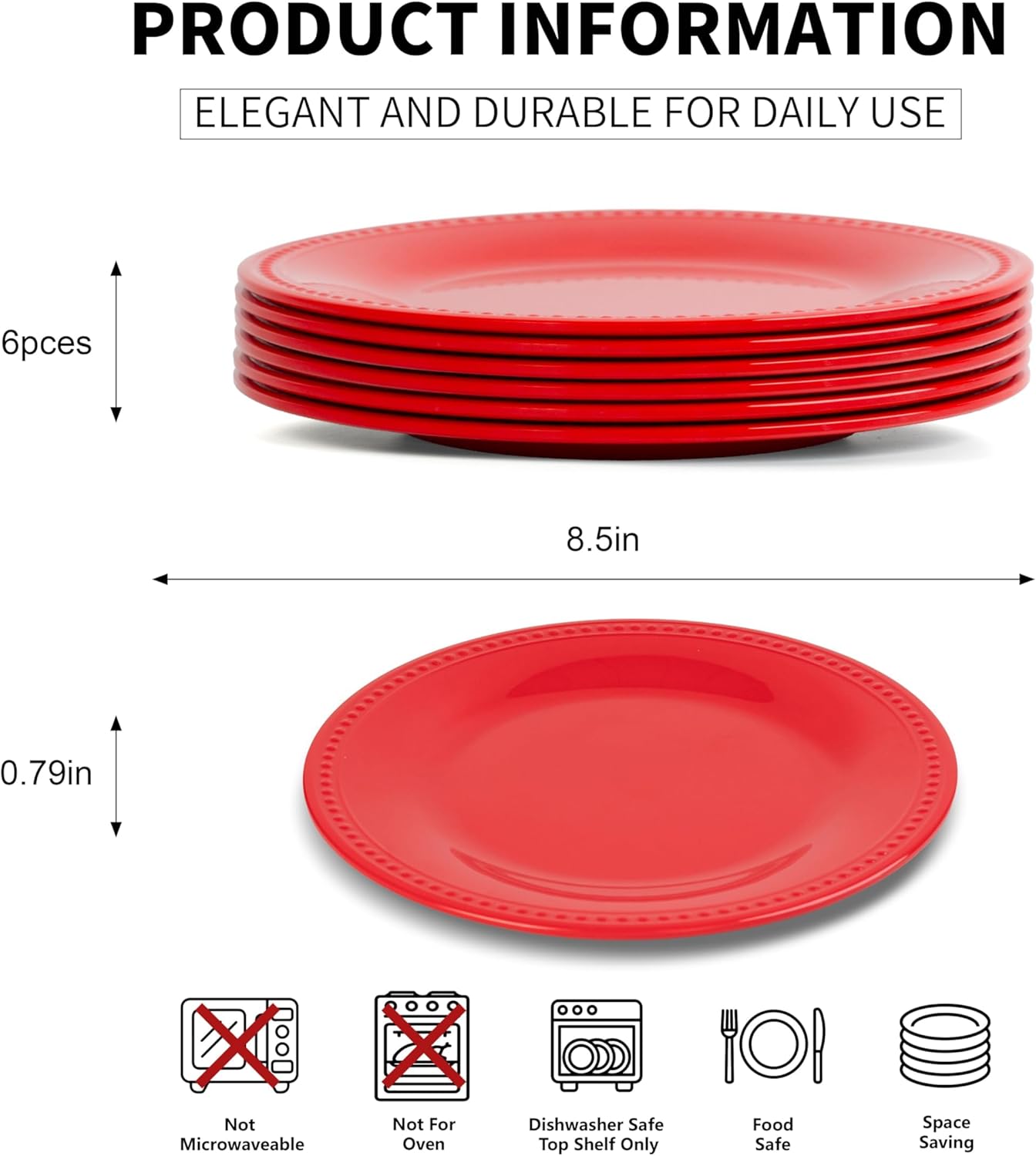 8.5 inch Red Melamine Plastic Beaded Salad Plate Set of 6, BPA Free, Chip & Break Resistant, Lightweight, Great for Dining, Weddings & Everyday Meals