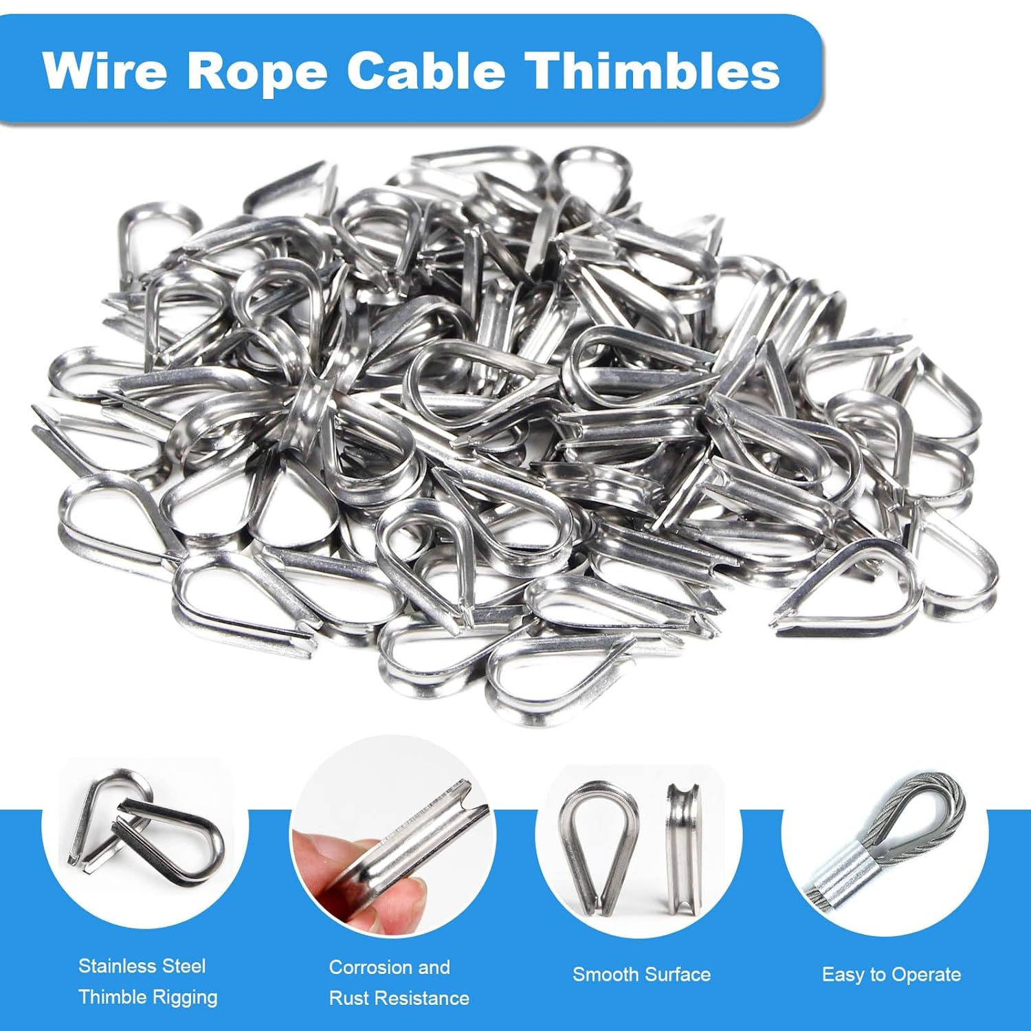 MroMax 50 Pcs 1/16" M2 Stainless Steel Wire Rope Thimbles for Cable Rope Thimble Rigging - Image 4